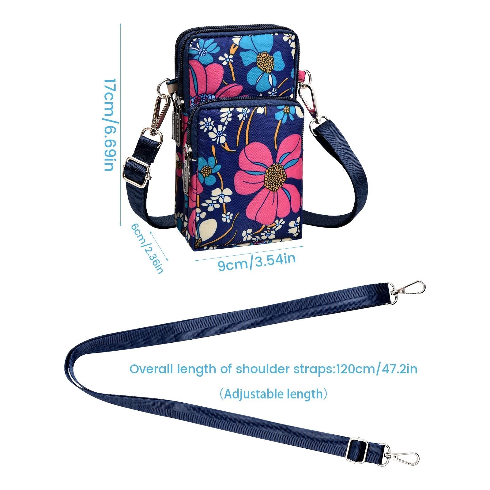 Flower Pattern Crossbody Cell Phone Purse For Women; 3-Layers Zipper Nylon Shoulder Bag; Sport Armband Wallet For Smartphone