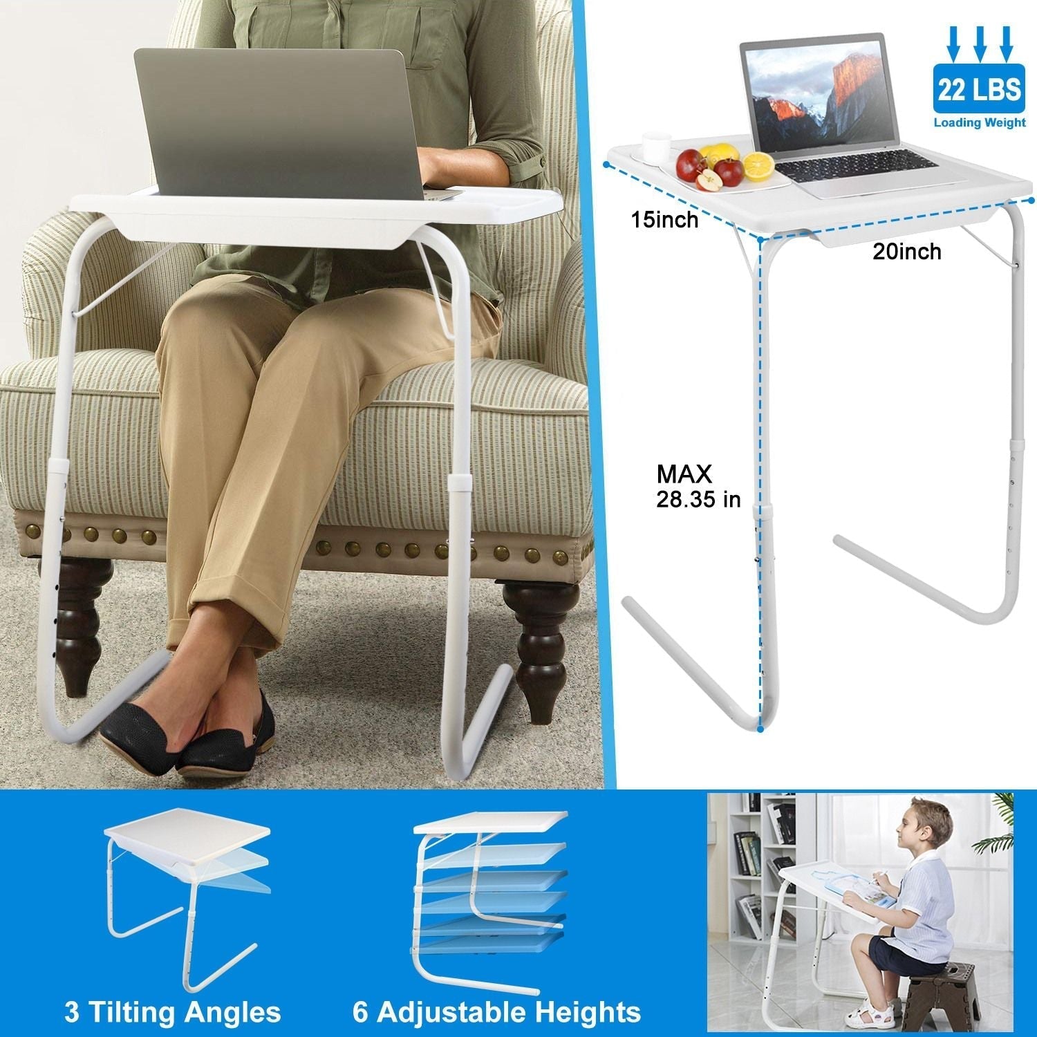 Foldable Tray Table Portable Sofa TV Tray 6 Heights 3 Angles Laptop Desk Adjustable Eating Dinner Coffee for Bed Dorm Home