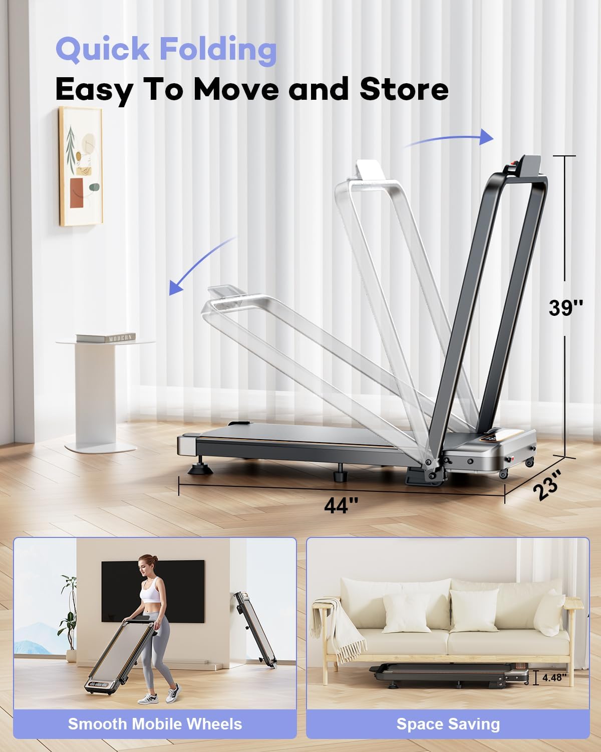 Foldable Treadmill with 8% Incline, Upgrade 3.5HP Low Noise Walking Pad Treadmill with Handle Bar, Trisomy 4 in 1 Portable Under Desk Treadmills for Home/Office, 330 Lbs Capacity, APP & Remote Control