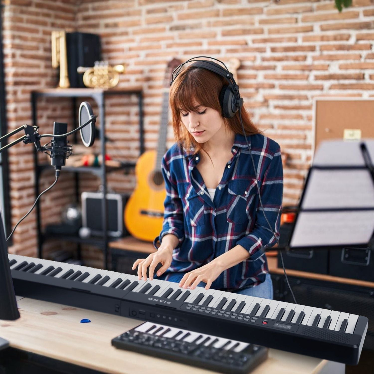 Folding Piano Keyboard 88 Keys Rechargeable Full Size Semi Weighted Piano Digital Electronic Piano with LCD Screen Carry Bag Mic Sheet Music Stand Sticker for Beginners Kids