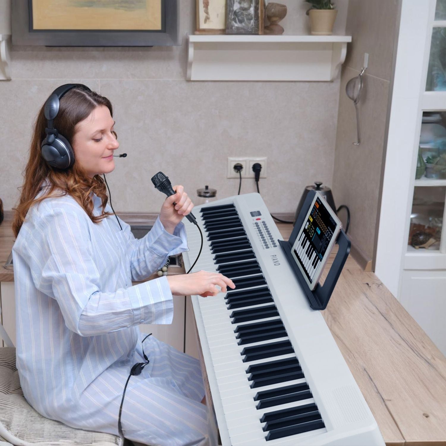 Folding Piano Keyboard 88 Keys Rechargeable Full Size Semi Weighted Piano Digital Electronic Piano with LCD Screen Carry Bag Mic Sheet Music Stand Sticker for Beginners Kids