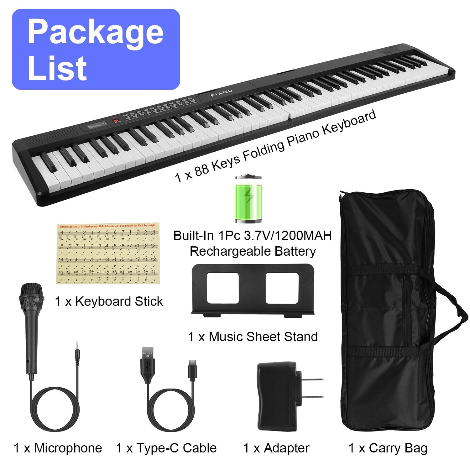 Folding Piano Keyboard 88 Keys Rechargeable Full Size Semi Weighted Piano Digital Electronic Piano with LCD Screen Carry Bag Mic Sheet Music Stand Sticker for Beginners Kids