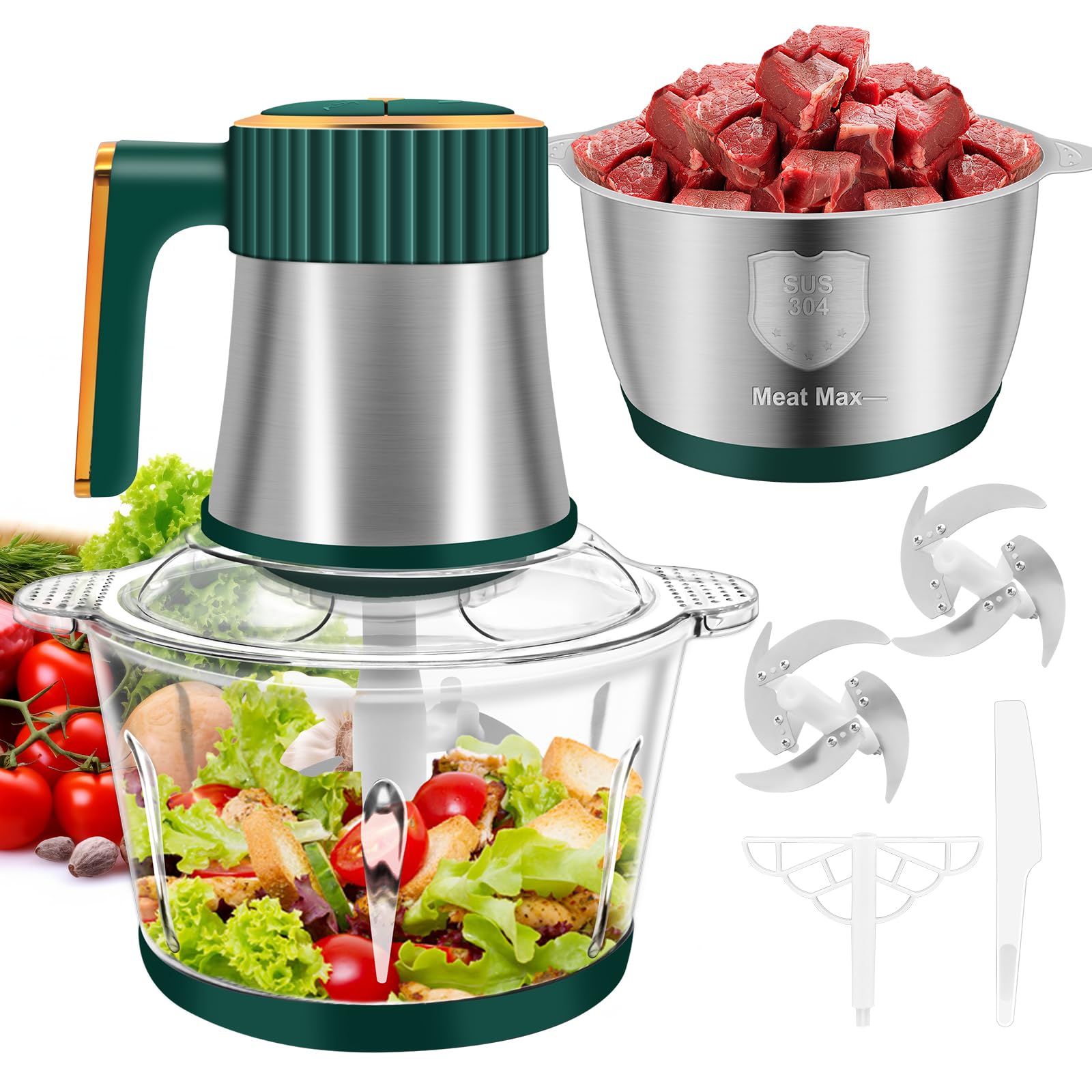 Food Processor, 5 Speed Meat Grinder Electric Food Chopper with 2 Bowls (8 Cup+8 Cup), 4 Bi-Level Blades Mini Kitchen Cutter for Vegetable, Onion, Garlic, Meat, Nuts, and Baby Food (300W Blue-2L)