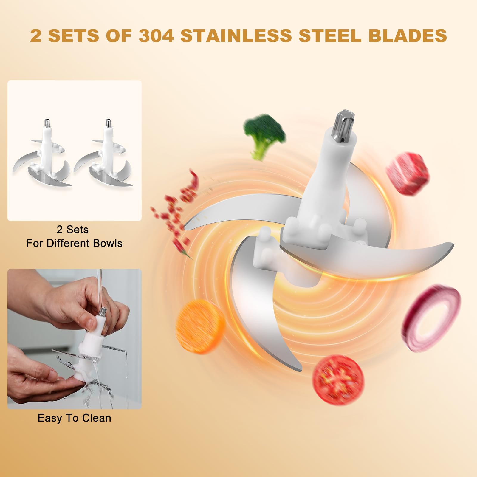 Food Processor, 5 Speed Meat Grinder Electric Food Chopper with 2 Bowls (8 Cup+8 Cup), 4 Bi-Level Blades Mini Kitchen Cutter for Vegetable, Onion, Garlic, Meat, Nuts, and Baby Food (300W Blue-2L)