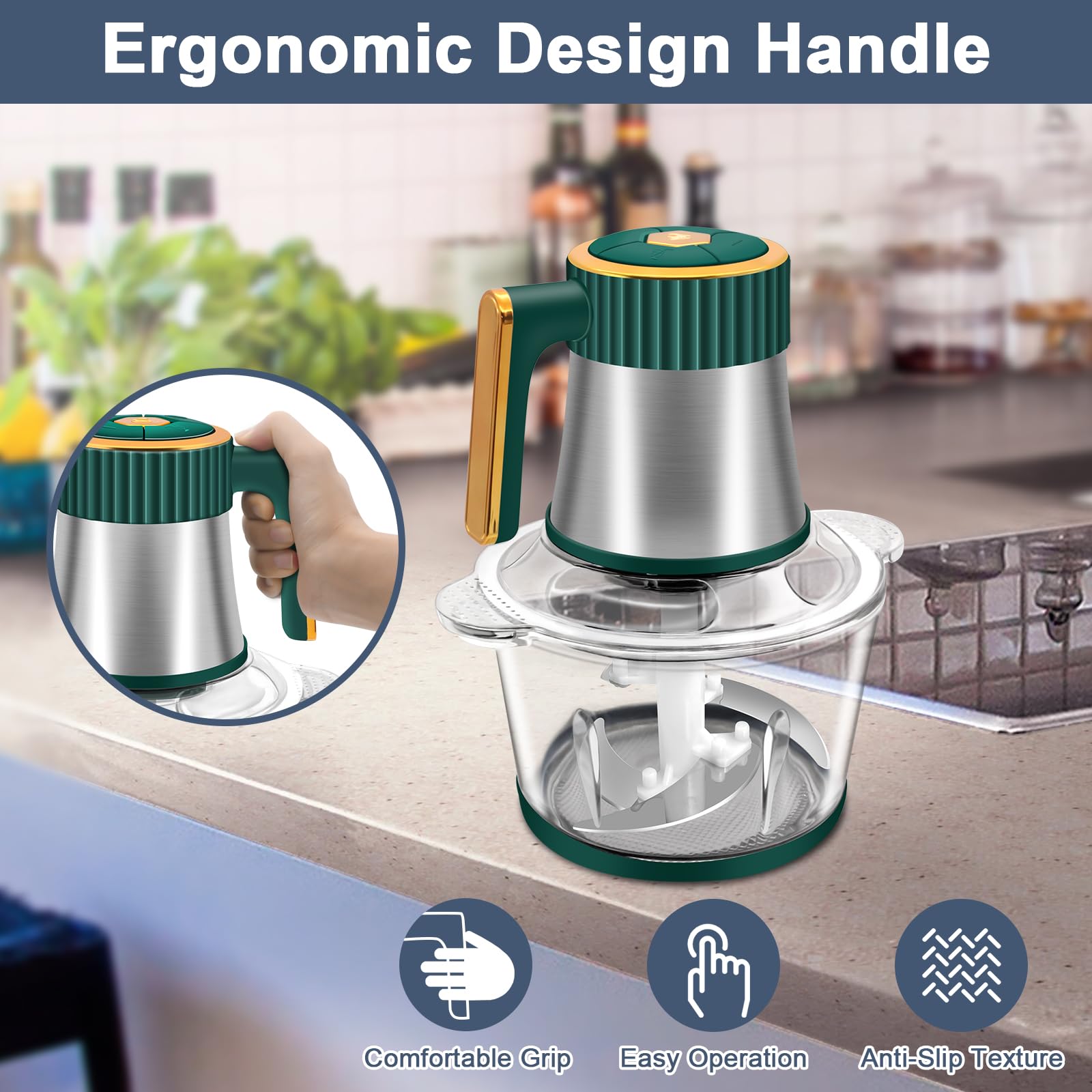 Food Processor, 5 Speed Meat Grinder Electric Food Chopper with 2 Bowls (8 Cup+8 Cup), 4 Bi-Level Blades Mini Kitchen Cutter for Vegetable, Onion, Garlic, Meat, Nuts, and Baby Food (300W Blue-2L)