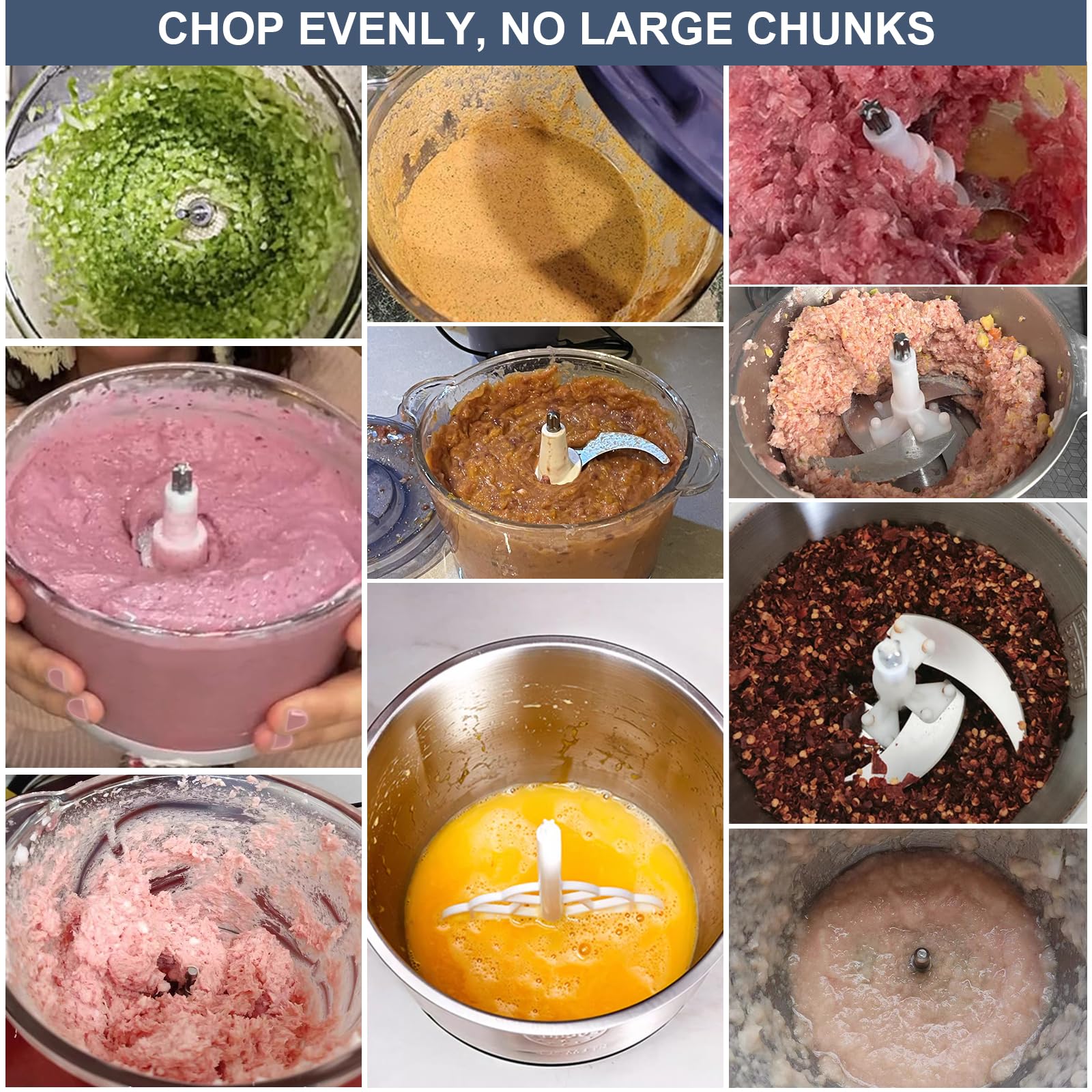 Food Processor, 5 Speed Meat Grinder Electric Food Chopper with 2 Bowls (8 Cup+8 Cup), 4 Bi-Level Blades Mini Kitchen Cutter for Vegetable, Onion, Garlic, Meat, Nuts, and Baby Food (300W Blue-2L)