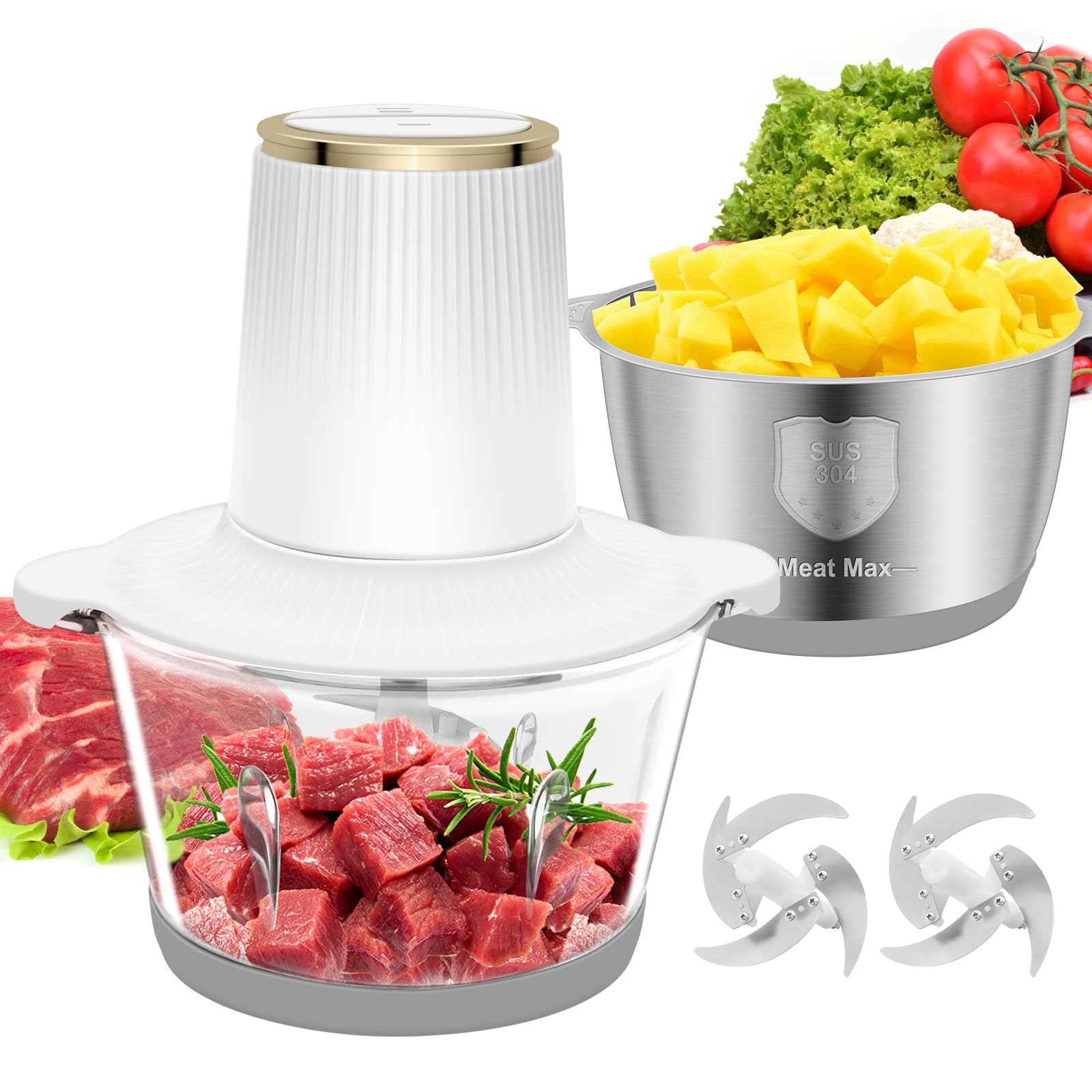 Food Processor, 5 Speed Meat Grinder Electric Food Chopper with 2 Bowls (8 Cup+8 Cup), 4 Bi-Level Blades Mini Kitchen Cutter for Vegetable, Onion, Garlic, Meat, Nuts, and Baby Food (300W Blue-2L)