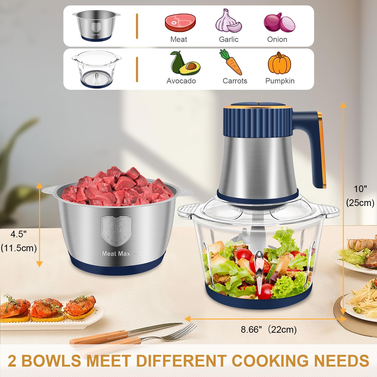 Food Processor, 5 Speed Meat Grinder Electric Food Chopper with 2 Bowls (8 Cup+8 Cup), 4 Bi-Level Blades Mini Kitchen Cutter for Vegetable, Onion, Garlic, Meat, Nuts, and Baby Food (300W Blue-2L)