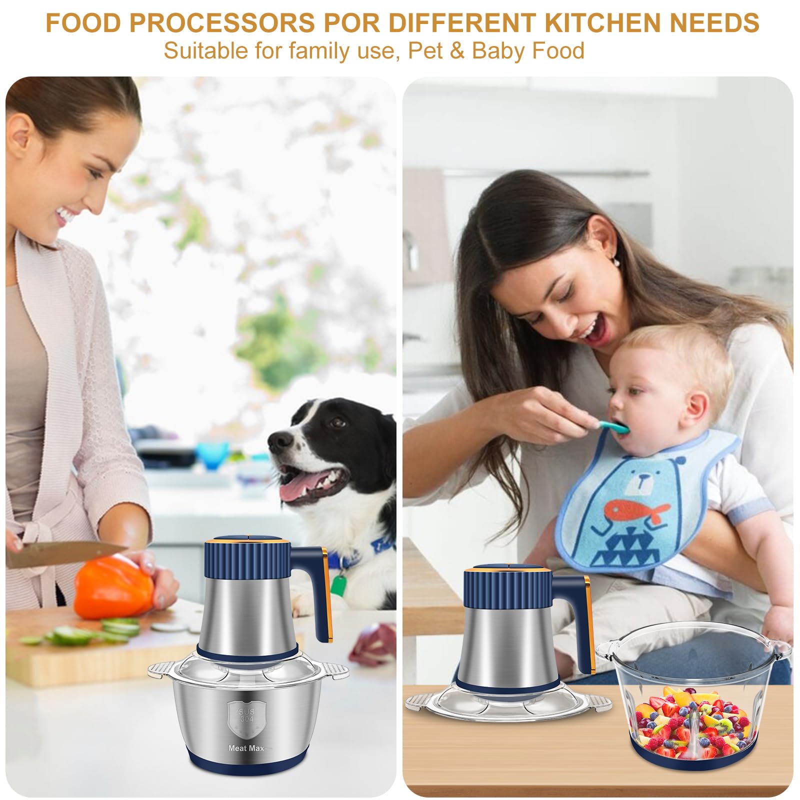 Food Processor, 5 Speed Meat Grinder Electric Food Chopper with 2 Bowls (8 Cup+8 Cup), 4 Bi-Level Blades Mini Kitchen Cutter for Vegetable, Onion, Garlic, Meat, Nuts, and Baby Food (300W Blue-2L)
