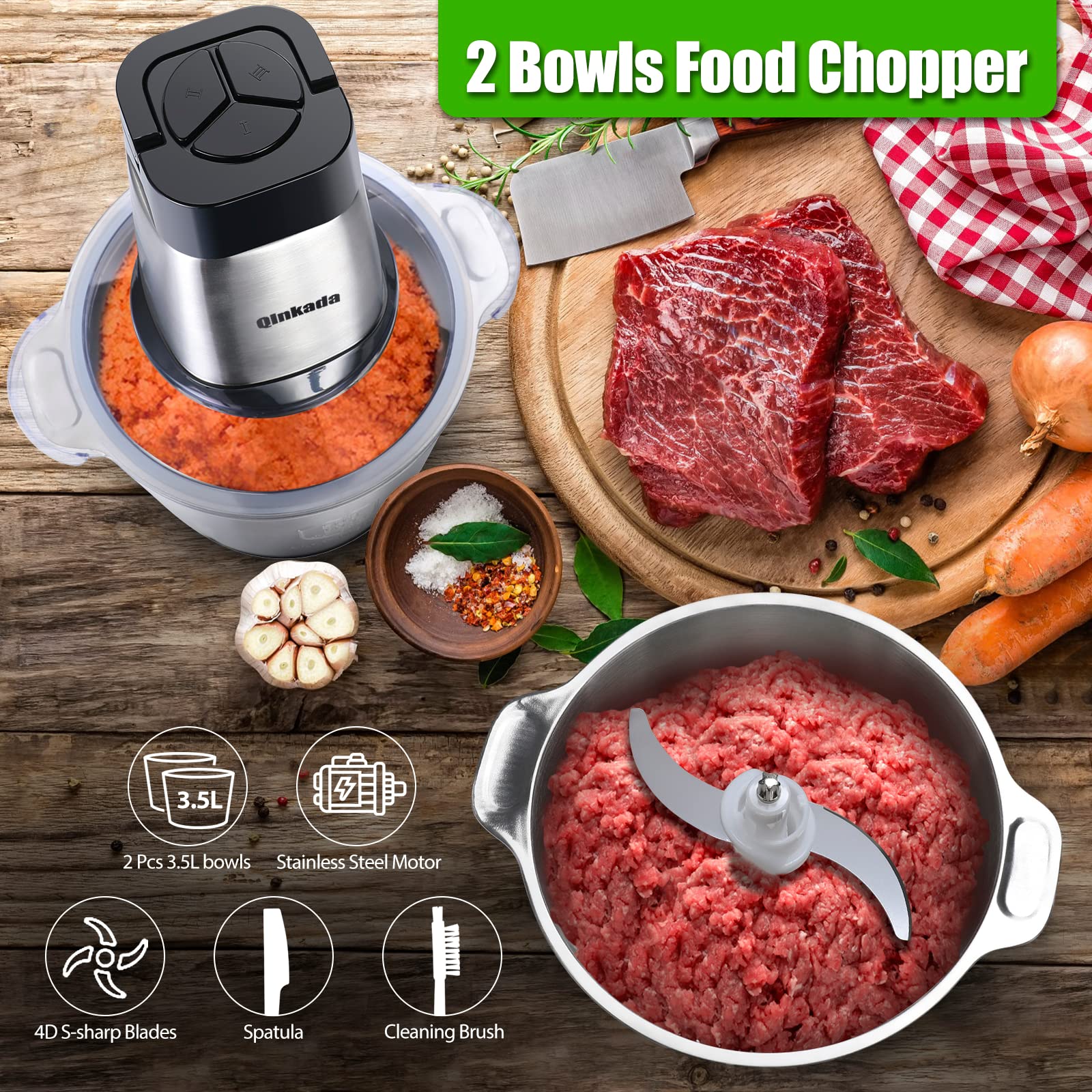 Food Processor, 500W Powerful Meat Grinder, 14Cup Stainless Steel Bowl, 3 Speed Modes 4 Bi-Level Blades for Onion, Meat, Nuts, Fruit, Garlic, Vegetable, Baby Food