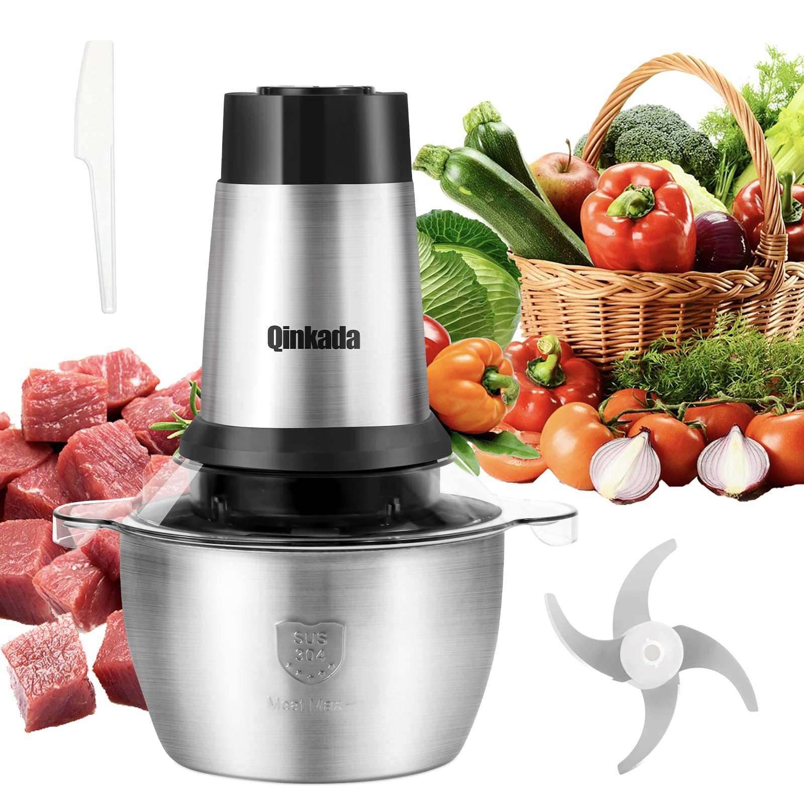 Food Processor, 500W Powerful Meat Grinder, 14Cup Stainless Steel Bowl, 3 Speed Modes 4 Bi-Level Blades for Onion, Meat, Nuts, Fruit, Garlic, Vegetable, Baby Food
