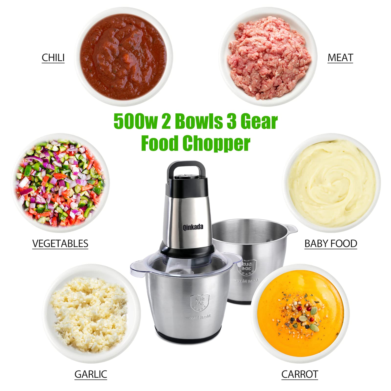 Food Processor, 500W Powerful Meat Grinder, 14Cup Stainless Steel Bowl, 3 Speed Modes 4 Bi-Level Blades for Onion, Meat, Nuts, Fruit, Garlic, Vegetable, Baby Food