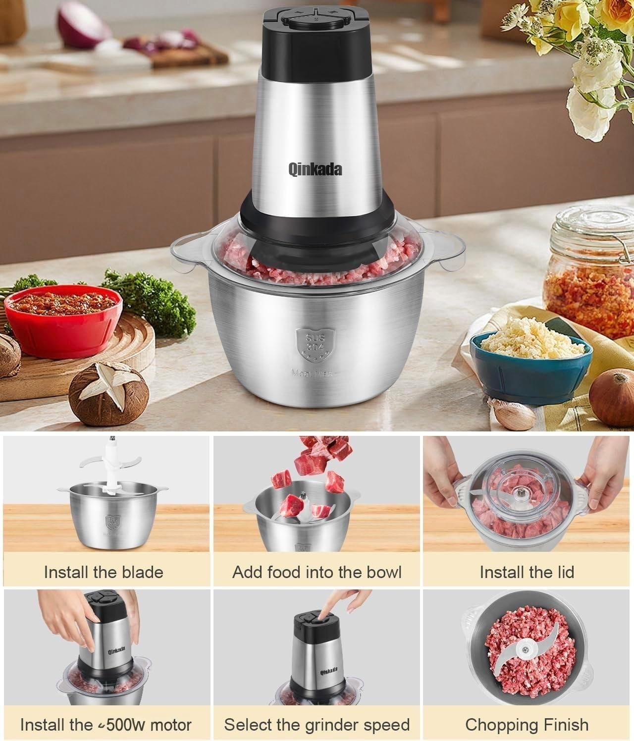 Food Processor, 500W Powerful Meat Grinder, 14Cup Stainless Steel Bowl, 3 Speed Modes 4 Bi-Level Blades for Onion, Meat, Nuts, Fruit, Garlic, Vegetable, Baby Food