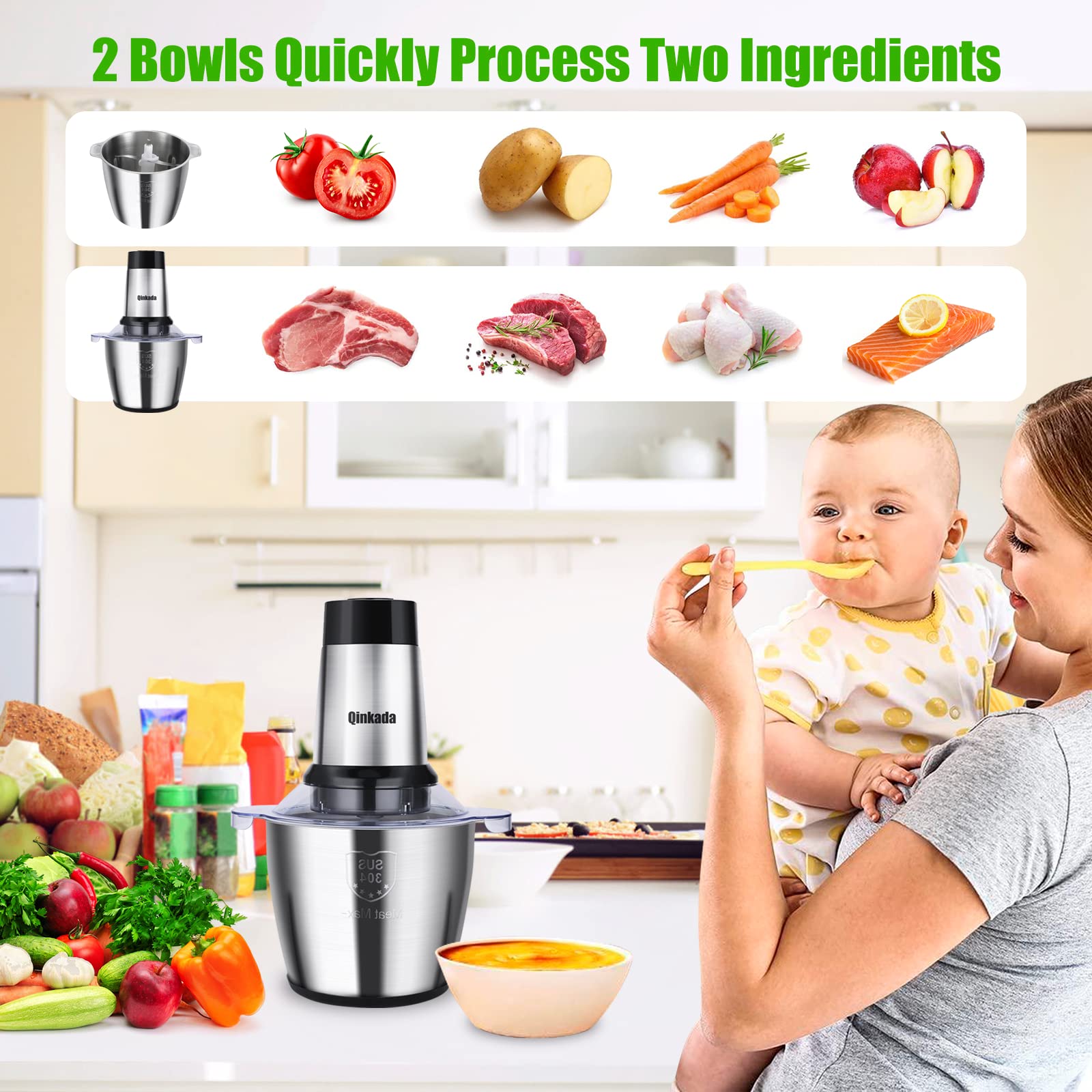 Food Processor, 500W Powerful Meat Grinder, 14Cup Stainless Steel Bowl, 3 Speed Modes 4 Bi-Level Blades for Onion, Meat, Nuts, Fruit, Garlic, Vegetable, Baby Food