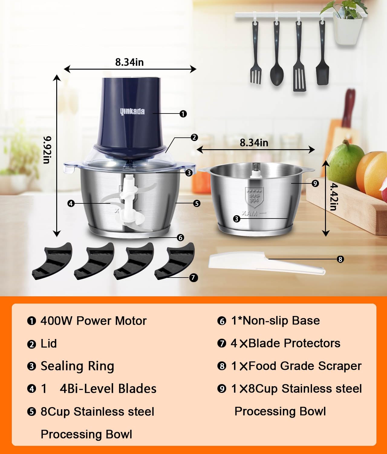 Food Processors with 2 Bowls, 400W Meat Grinder, Food Chopper Electric, 2 Speed, 8Cup Glass and 8Cup 304 Stainless Steel, 2 Blades, Spatula (White)