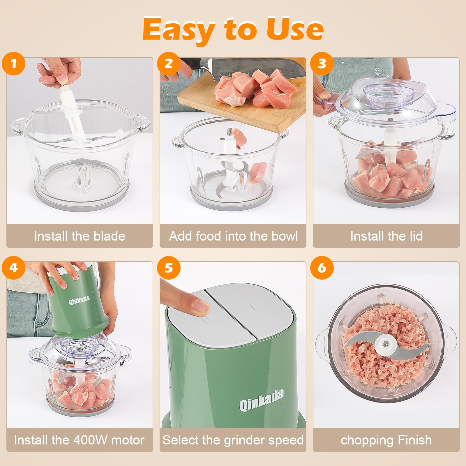 Food Processors with 2 Bowls, 400W Meat Grinder, Food Chopper Electric, 2 Speed, 8Cup Glass and 8Cup 304 Stainless Steel, 2 Blades, Spatula (White)