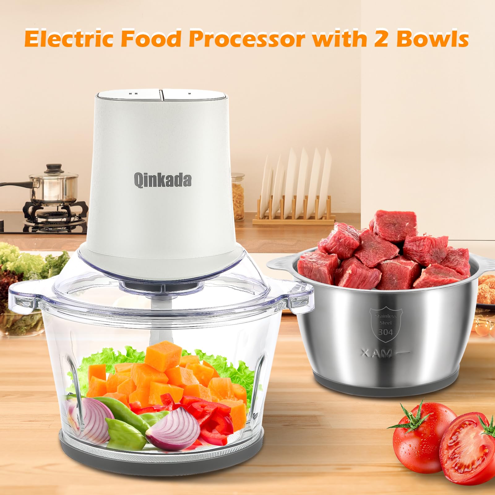 Food Processors with 2 Bowls, 400W Meat Grinder, Food Chopper Electric, 2 Speed, 8Cup Glass and 8Cup 304 Stainless Steel, 2 Blades, Spatula (White)