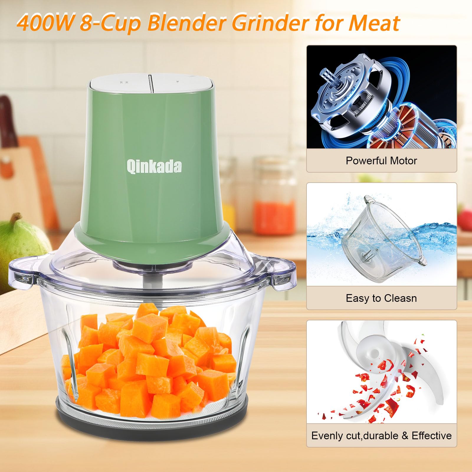 Food Processors with 2 Bowls, 400W Meat Grinder, Food Chopper Electric, 2 Speed, 8Cup Glass and 8Cup 304 Stainless Steel, 2 Blades, Spatula (White)