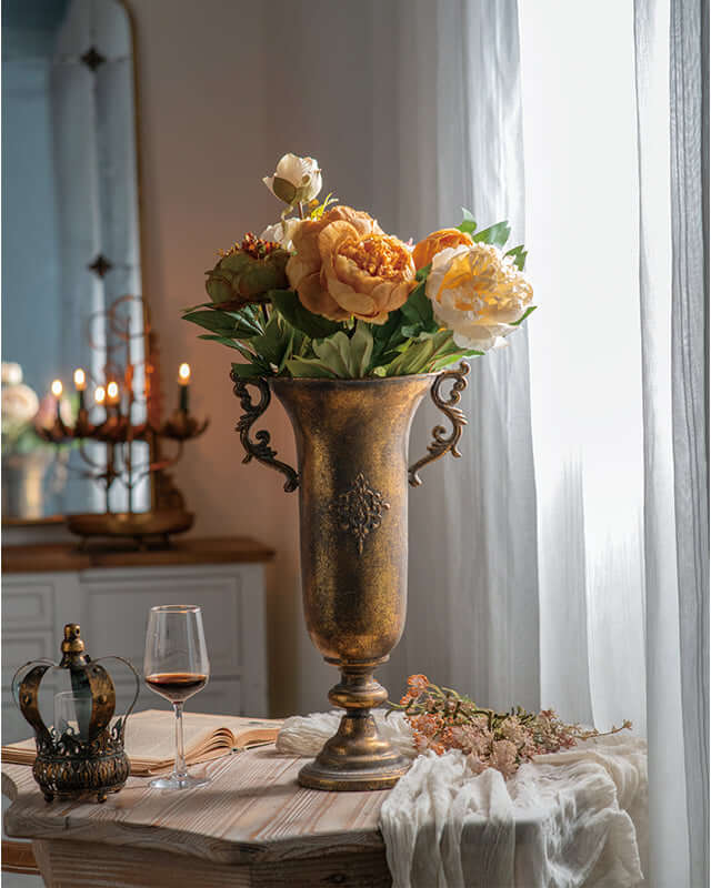French Country Antique Gold Urn Vase with Handles