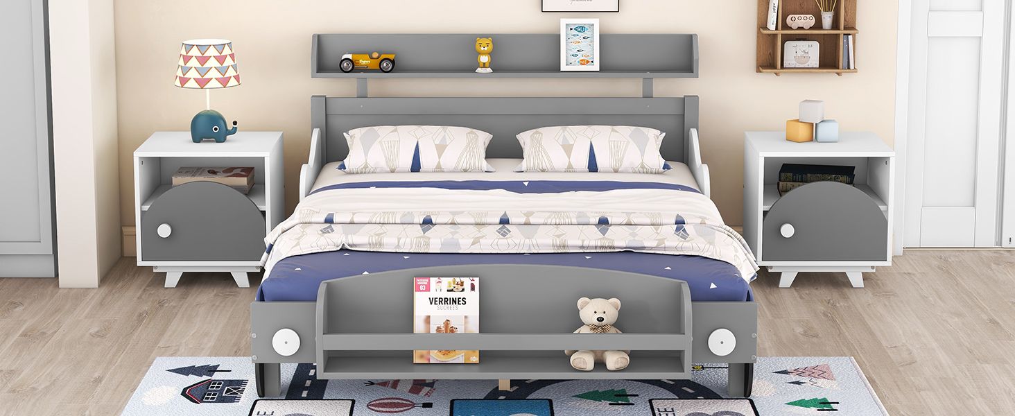 Full Size Car-Shaped Platform Bed,Full Bed with Storage Shelf for Bedroom