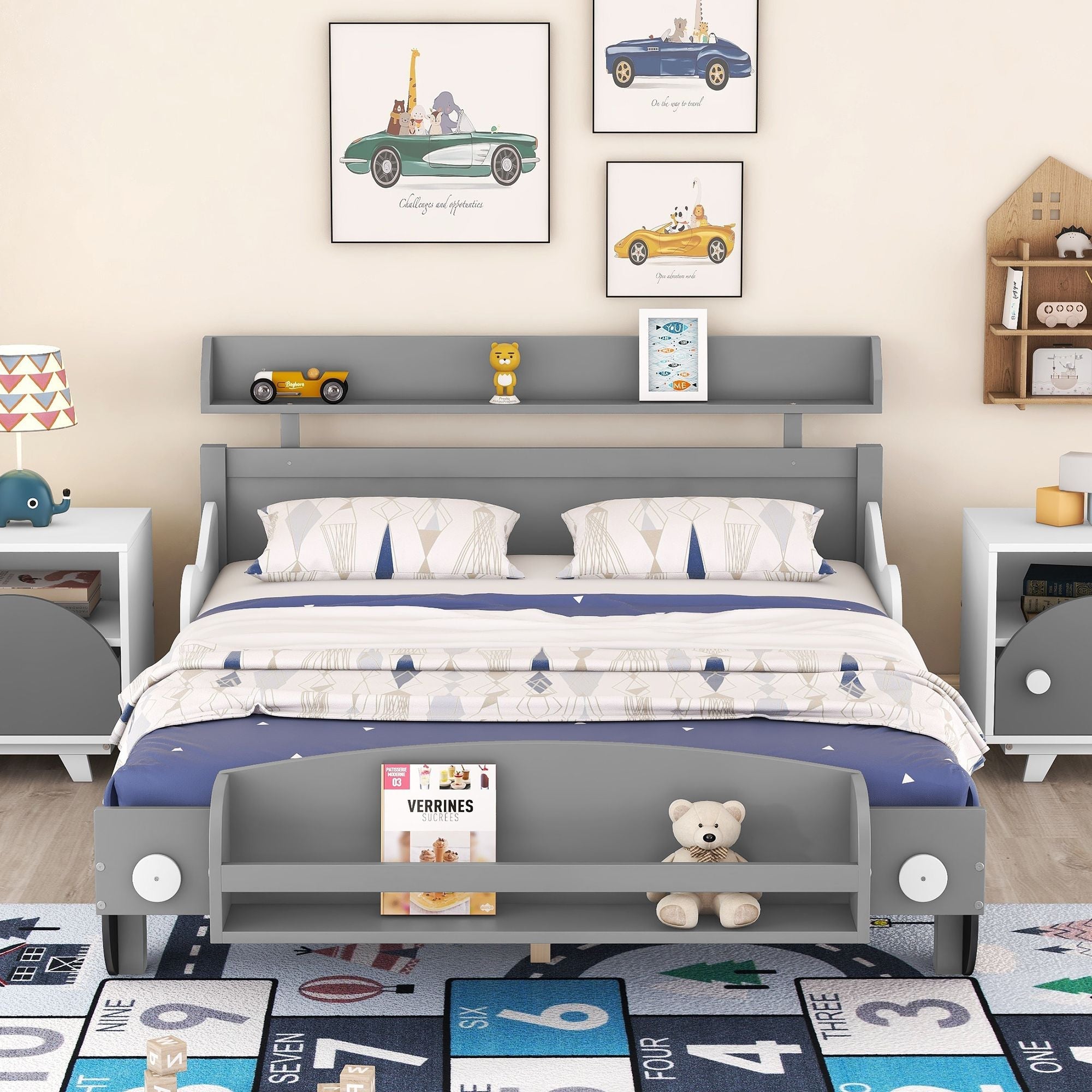 Full Size Car-Shaped Platform Bed,Full Bed with Storage Shelf for Bedroom