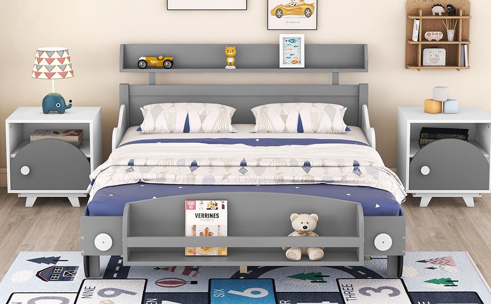 Full Size Car-Shaped Platform Bed,Full Bed with Storage Shelf for Bedroom