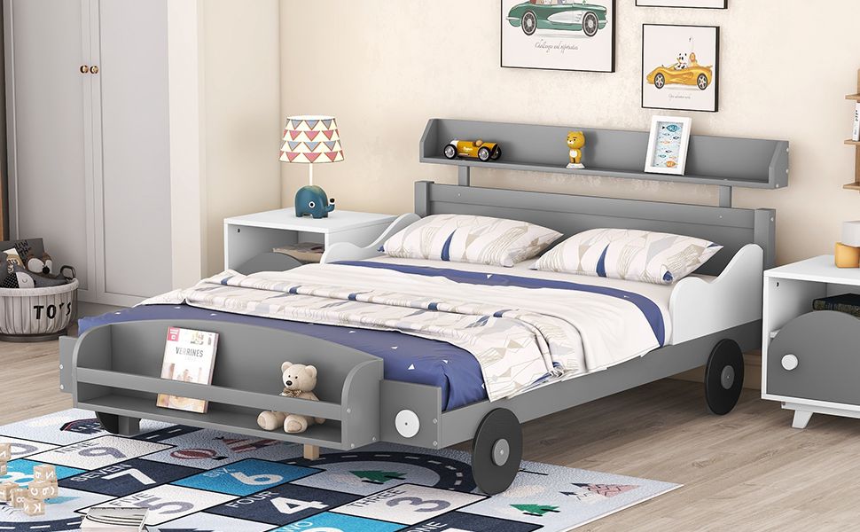Full Size Car-Shaped Platform Bed,Full Bed with Storage Shelf for Bedroom