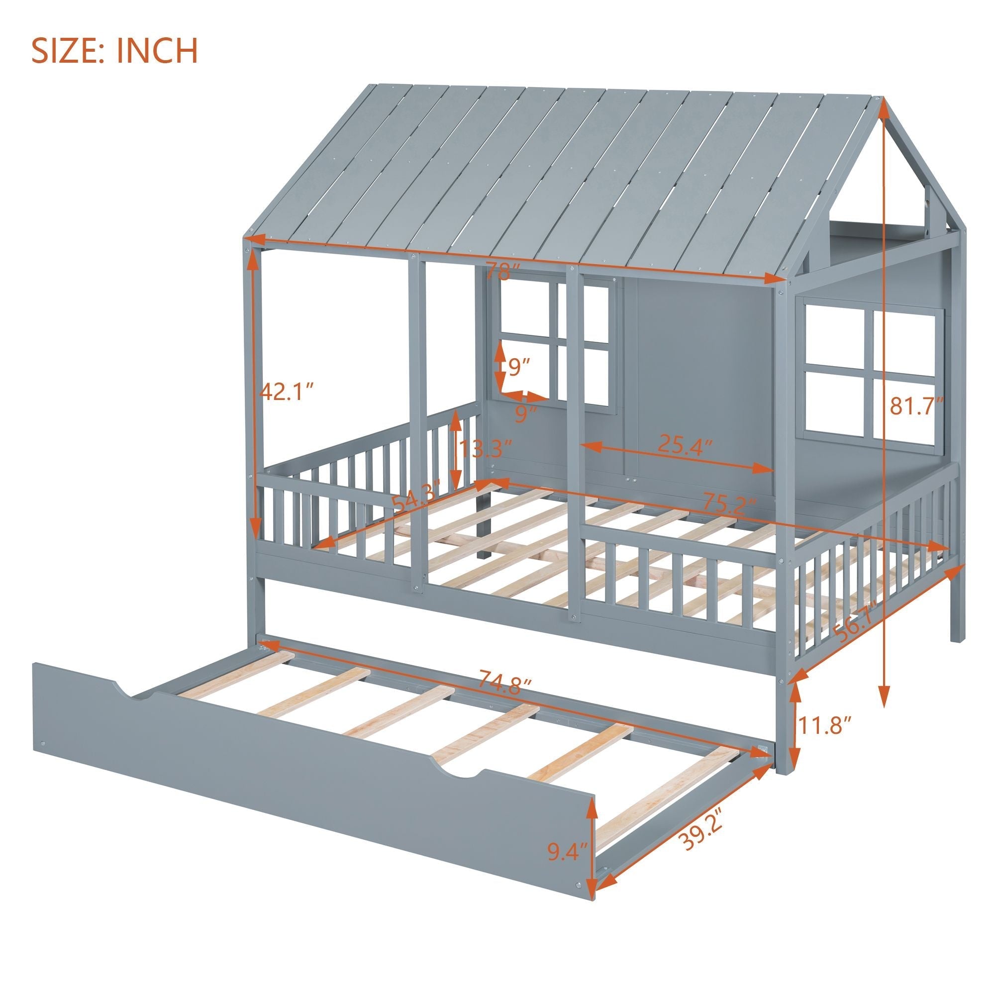 Full Size Wood House Bed With Twin Size Trundle, Wooden Daybed