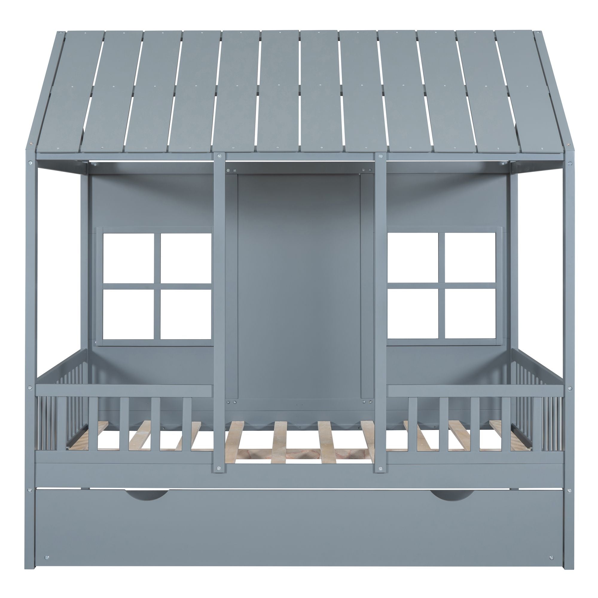 Full Size Wood House Bed With Twin Size Trundle, Wooden Daybed