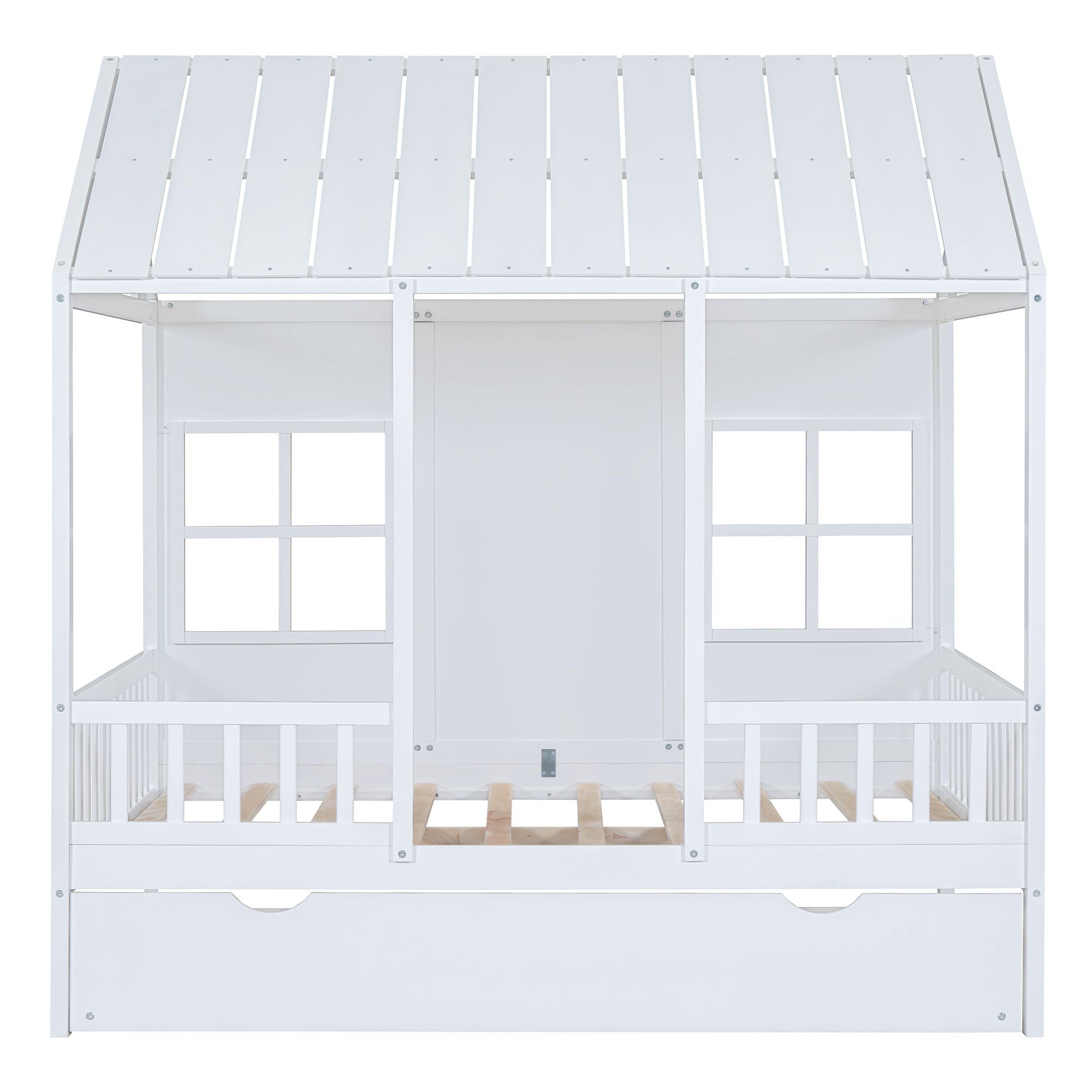 Full Size Wood House Bed With Twin Size Trundle, Wooden Daybed