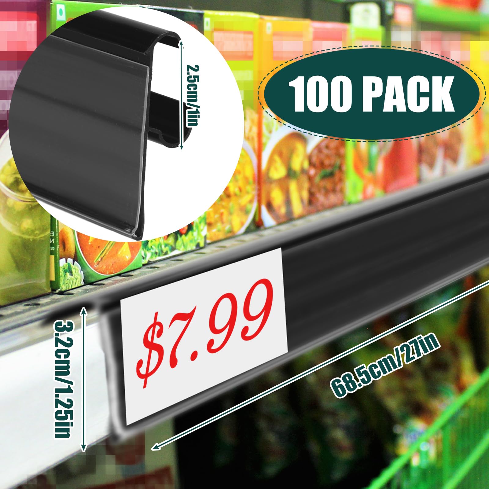 Fulmoon 50 Pcs 27 x 1.26 Inch Wire Shelf Label Holder Strip Price Tag Black Back Plastic Label Holder with Clear PVC Cover Black Back for Refrigeration Cases Cooler Shelf