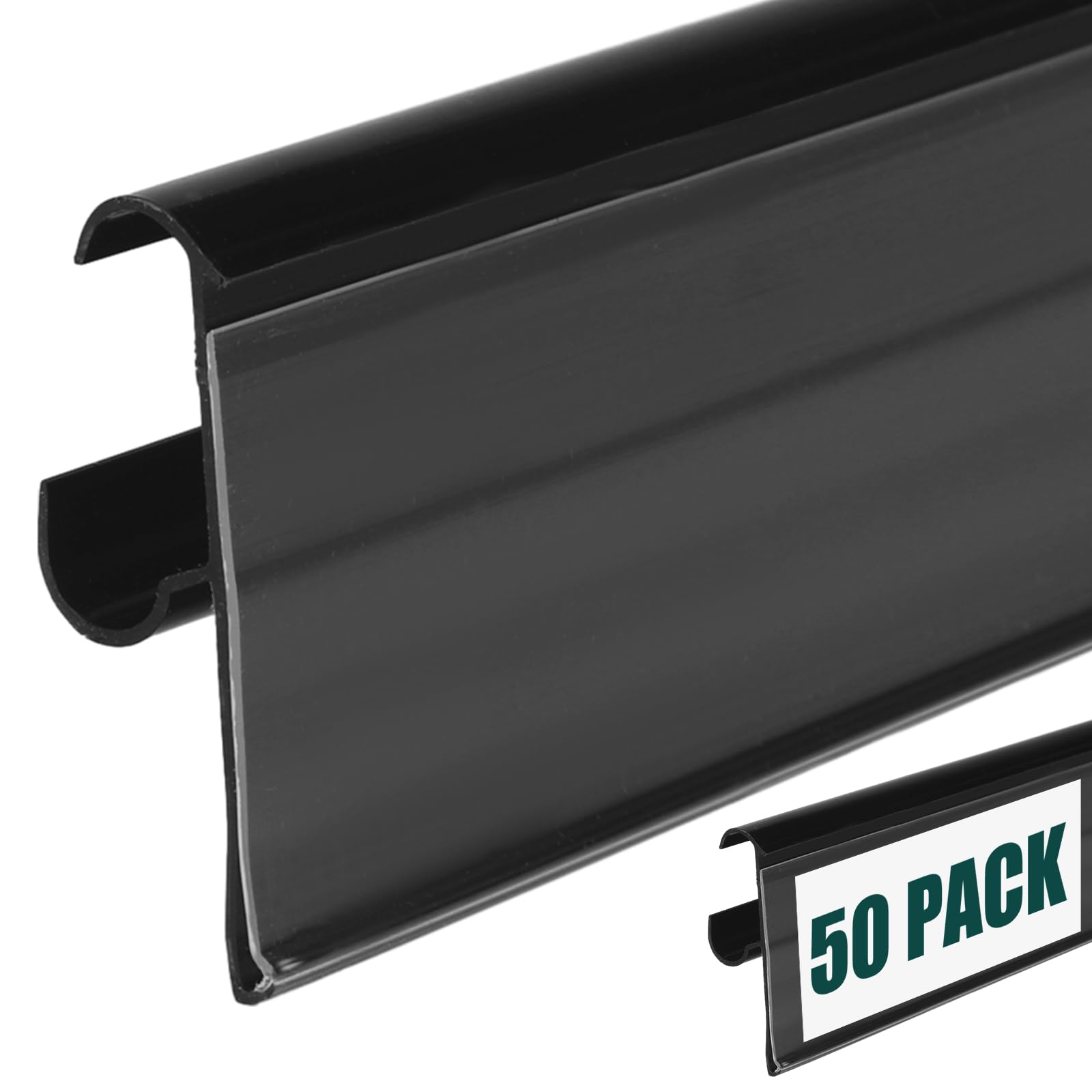 Fulmoon 50 Pcs 27 x 1.26 Inch Wire Shelf Label Holder Strip Price Tag Black Back Plastic Label Holder with Clear PVC Cover Black Back for Refrigeration Cases Cooler Shelf