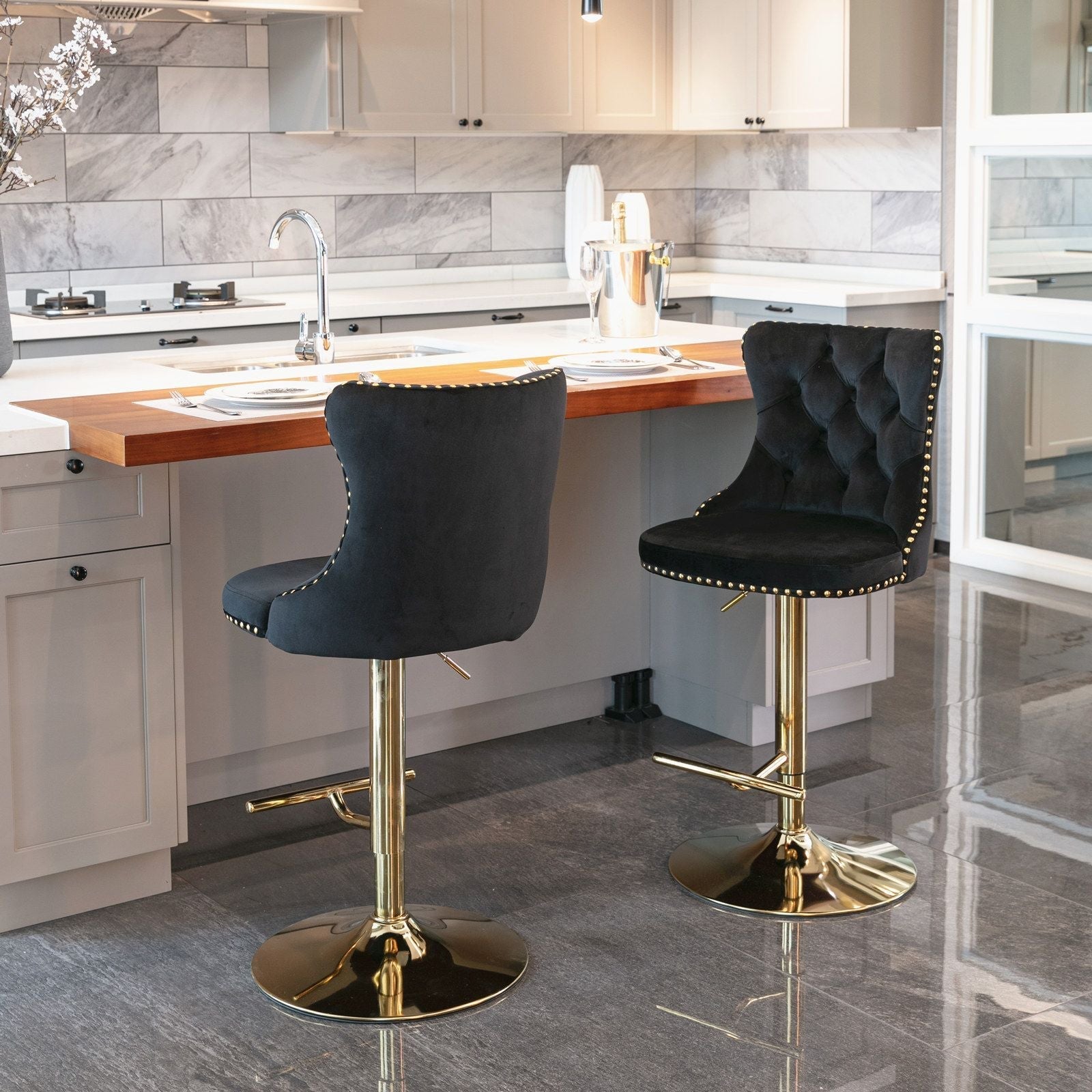 Furniture,Golden Swivel Velvet Barstools Adjusatble Seat Height from 25-33 Inch, Modern Upholstered Bar Stools with Backs Comfortable Tufted for Home Pub and Kitchen Island