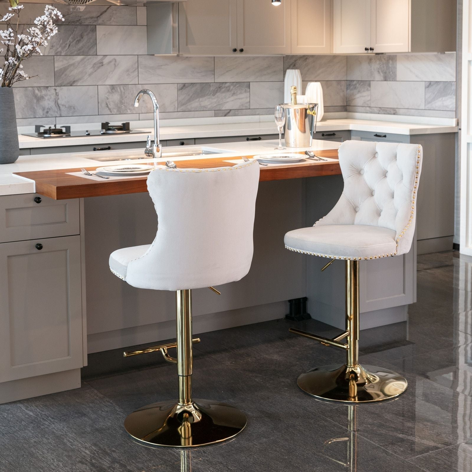 Furniture,Golden Swivel Velvet Barstools Adjusatble Seat Height from 25-33 Inch, Modern Upholstered Bar Stools with Backs Comfortable Tufted for Home Pub and Kitchen Island