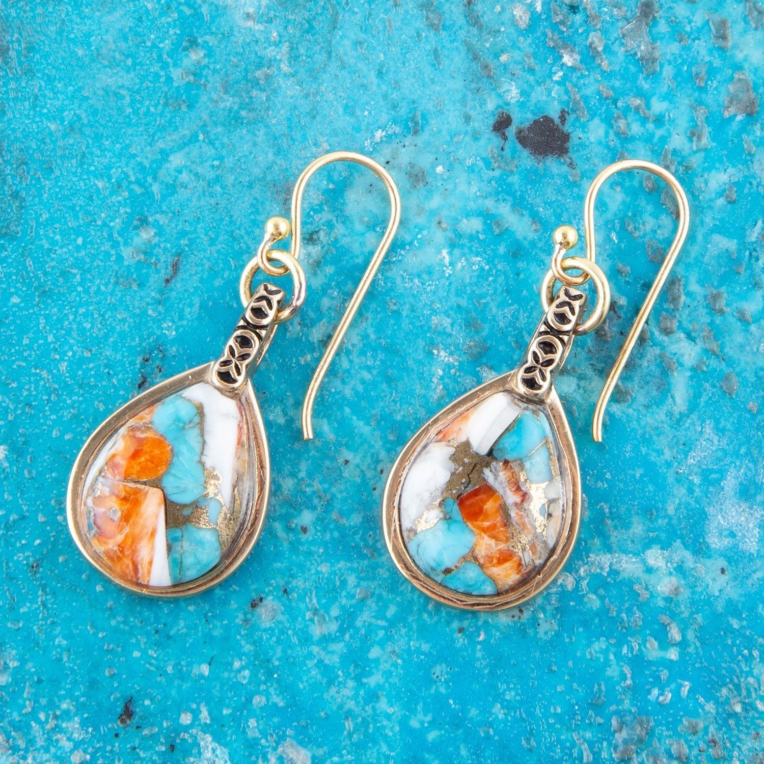 Blue and Orange Turquoise and Spiny Oyster Shell Stone Mix Golden Earrings