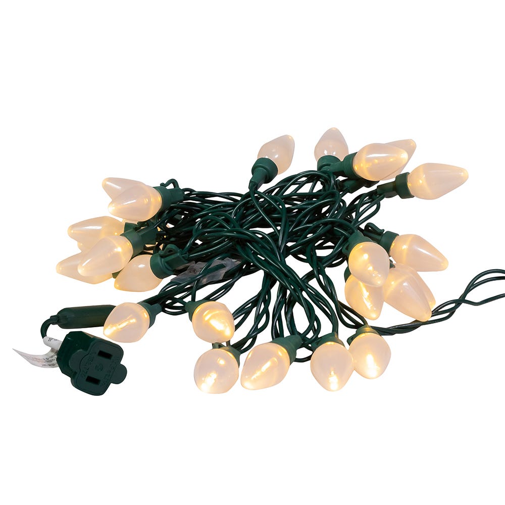25-Light Warm White Pearl LED C7 Light Set With Green Wire