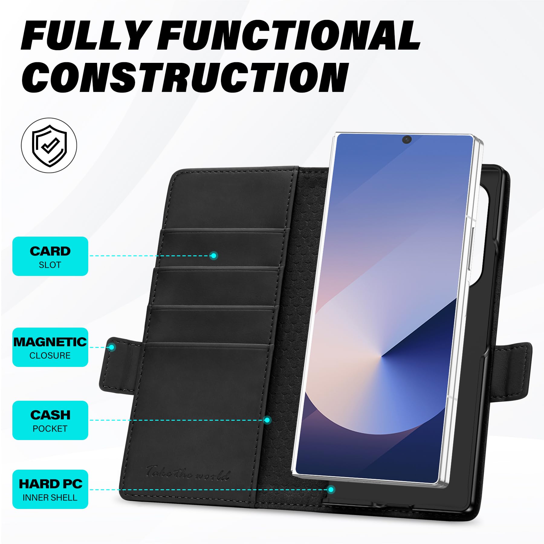Galaxy Z Fold6 Wallet Case with S Pen Holder, PU Leather Flip Folio, Card Slots, RFID Blocking, Kickstand, Phone Cover for Galaxy Z Fold 6 2024 - Black