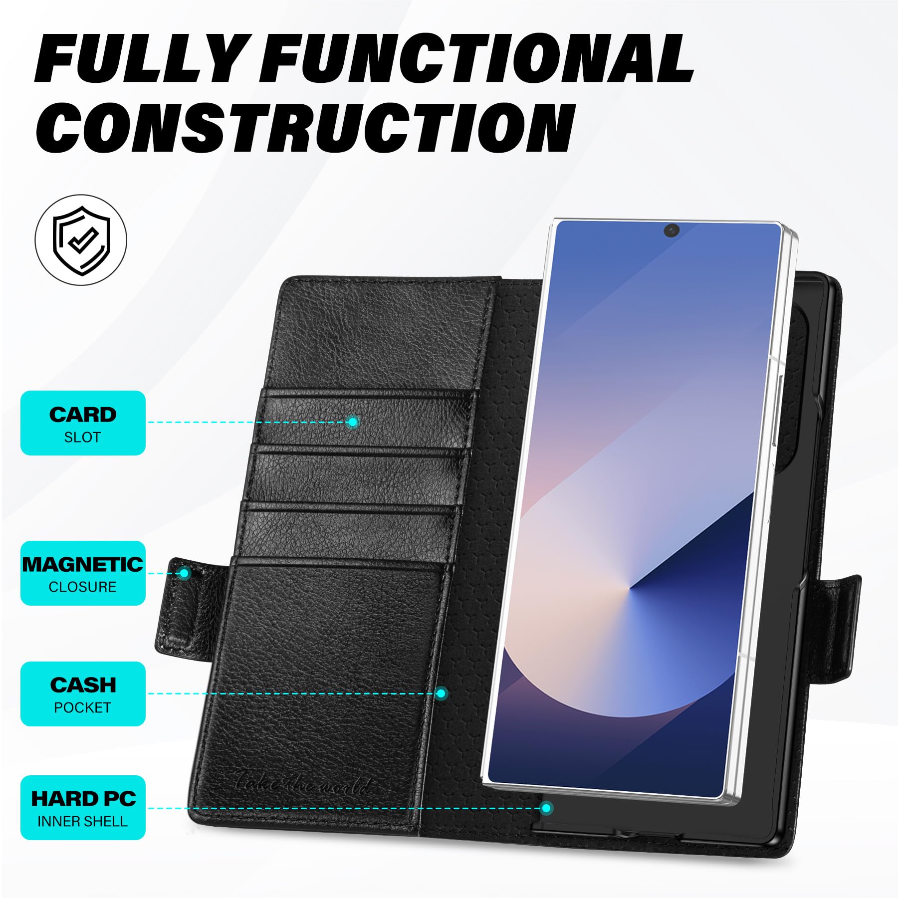 Galaxy Z Fold6 Wallet Case with S Pen Holder, PU Leather Flip Folio, Card Slots, RFID Blocking, Kickstand, Phone Cover for Galaxy Z Fold 6 2024 - Black
