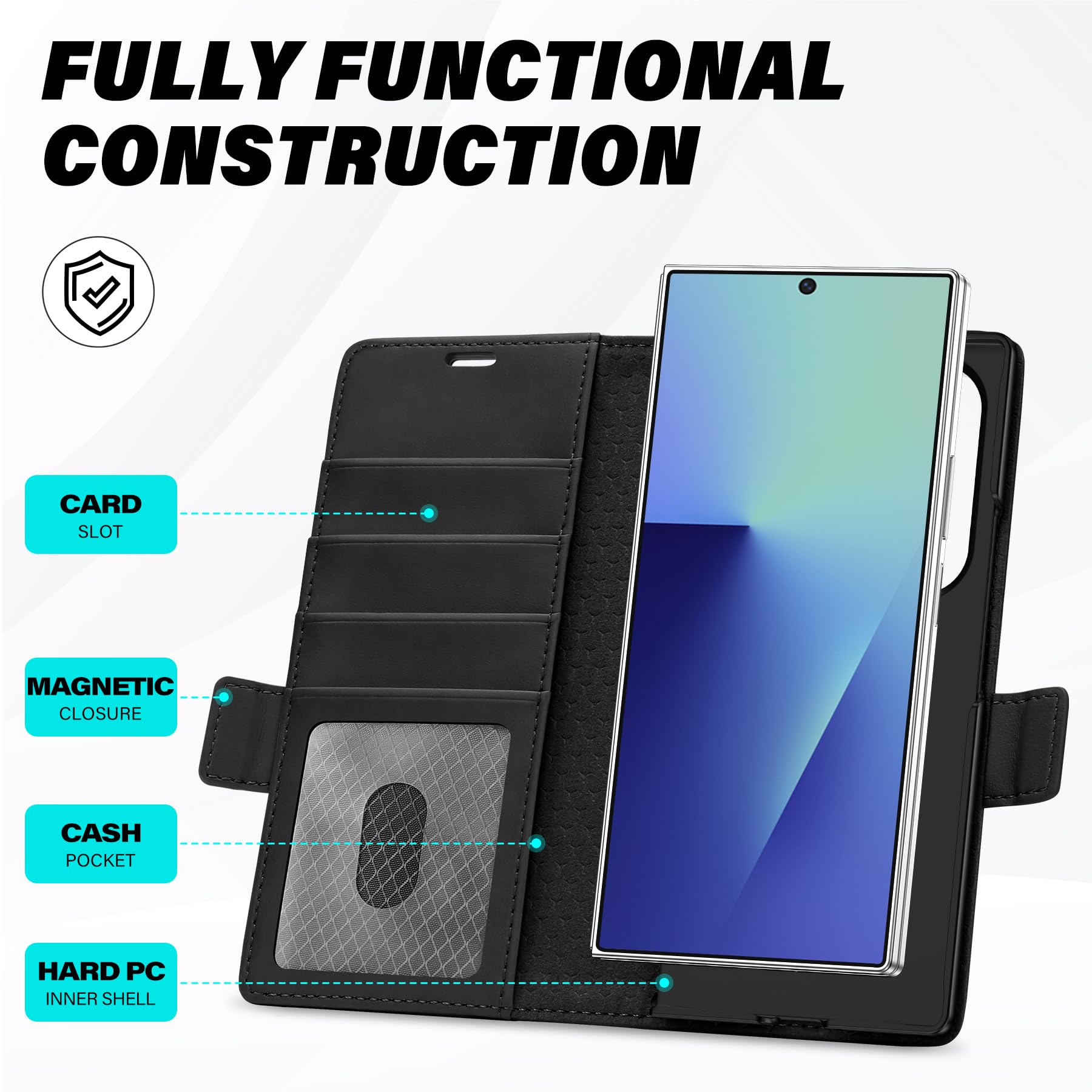 Galaxy Z Fold7 2025, PU Leather Folio Cover with Kickstand RFID Blocking [4 Card Slots] Magnetic Shock-Absorbent PC Shell Compatible with Galaxy Z Fold 7 (8.0") 5G, Black