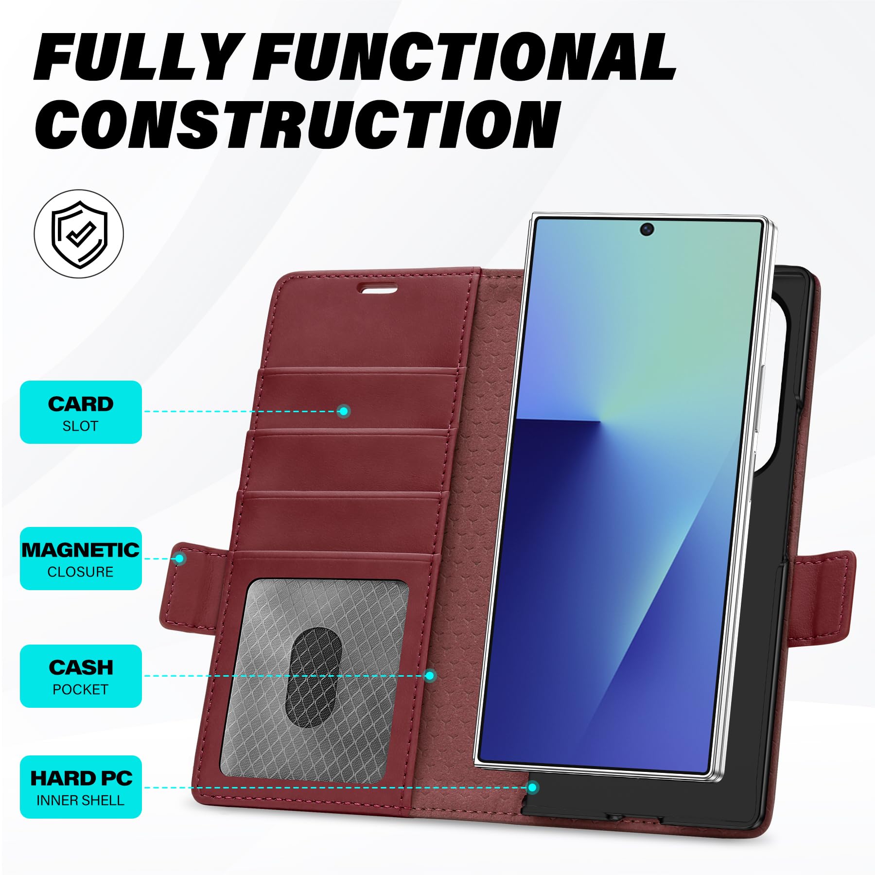 Galaxy Z Fold7 2025, PU Leather Folio Cover with Kickstand RFID Blocking [4 Card Slots] Magnetic Shock-Absorbent PC Shell Compatible with Galaxy Z Fold 7 (8.0") 5G, Black