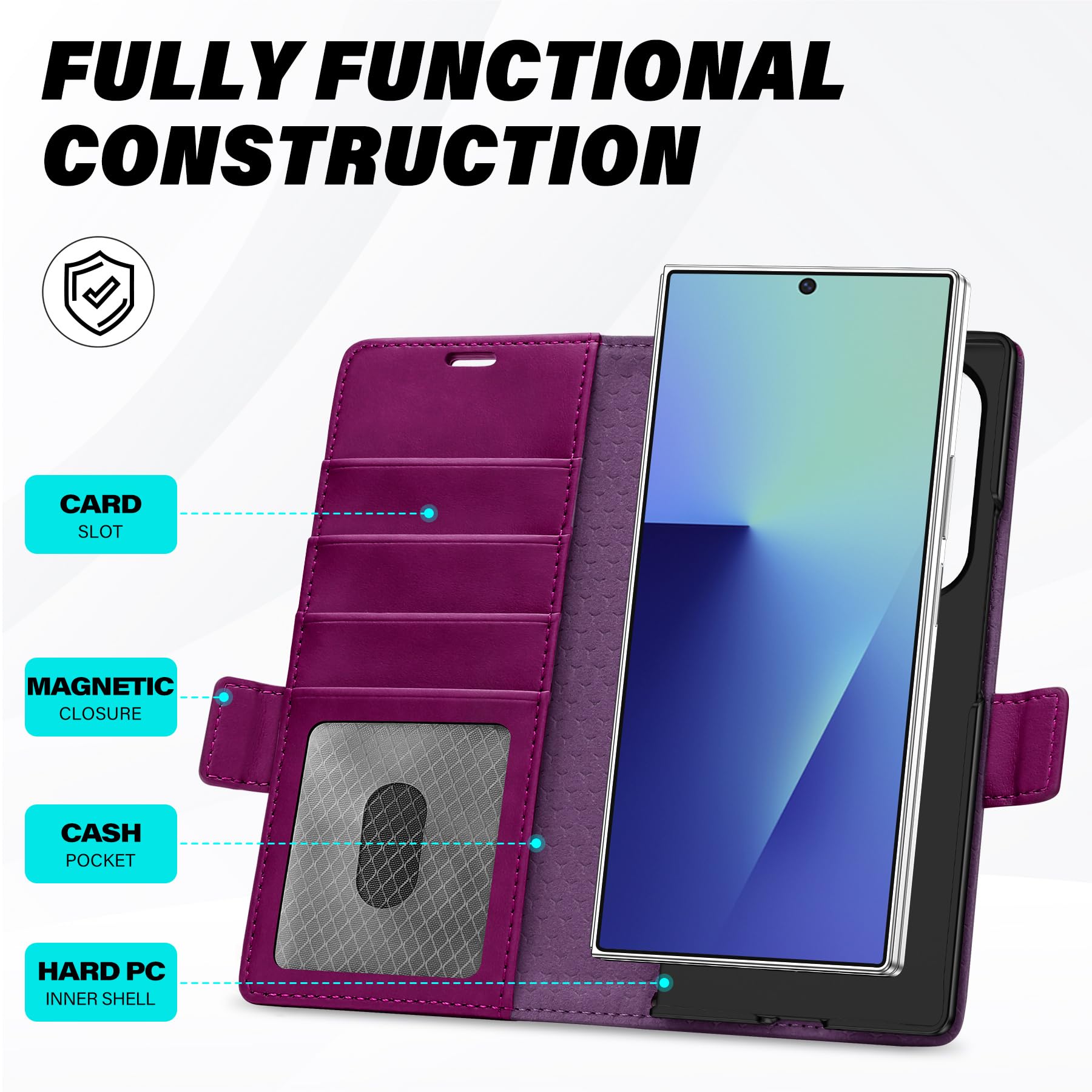 Galaxy Z Fold7 2025, PU Leather Folio Cover with Kickstand RFID Blocking [4 Card Slots] Magnetic Shock-Absorbent PC Shell Compatible with Galaxy Z Fold 7 (8.0") 5G, Black