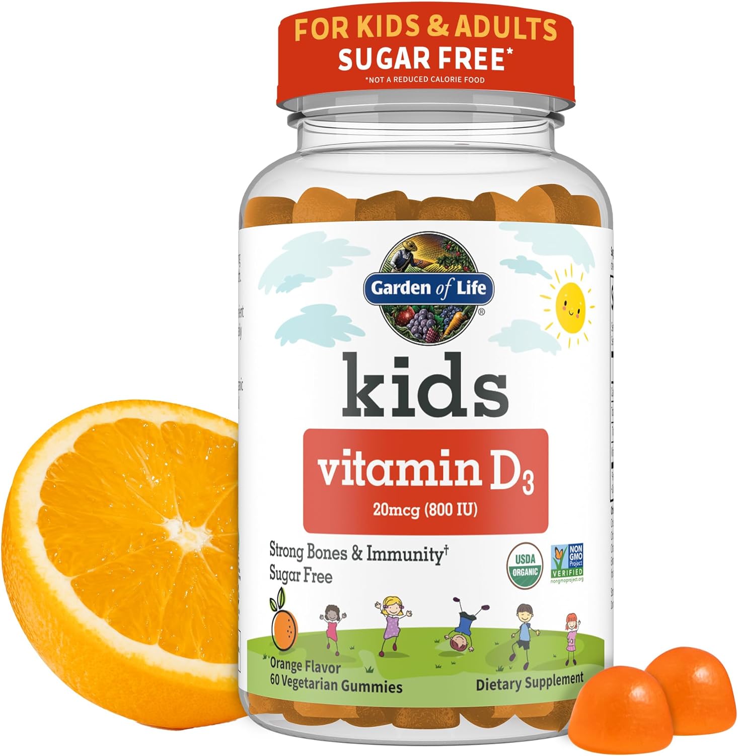 Garden of Life Kids Organic Vitamin D3 Gummies with 800 IU (100% Daily Value) for Strong Bones, Teeth, Brain & Immunity – Non-GMO, No Gluten, Vegetarian, Sugar Free, Orange Flavor, 60 Servings