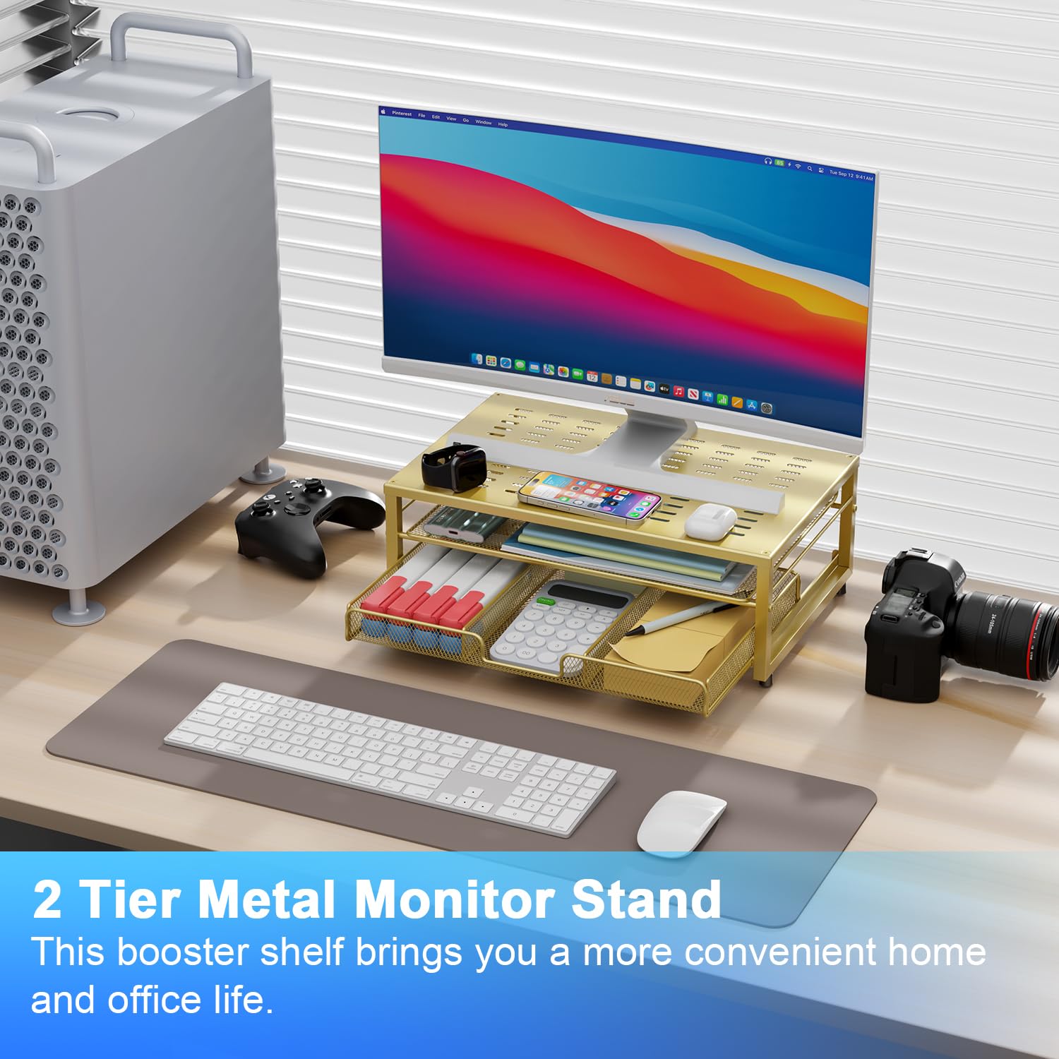 gianotter Computer Monitor Stand Riser, Desk Organizers and Accessories with Drawer, Office Desk Accessories & Workspace Desktop Organizers Storage for Classroom Office Supplies (Black)