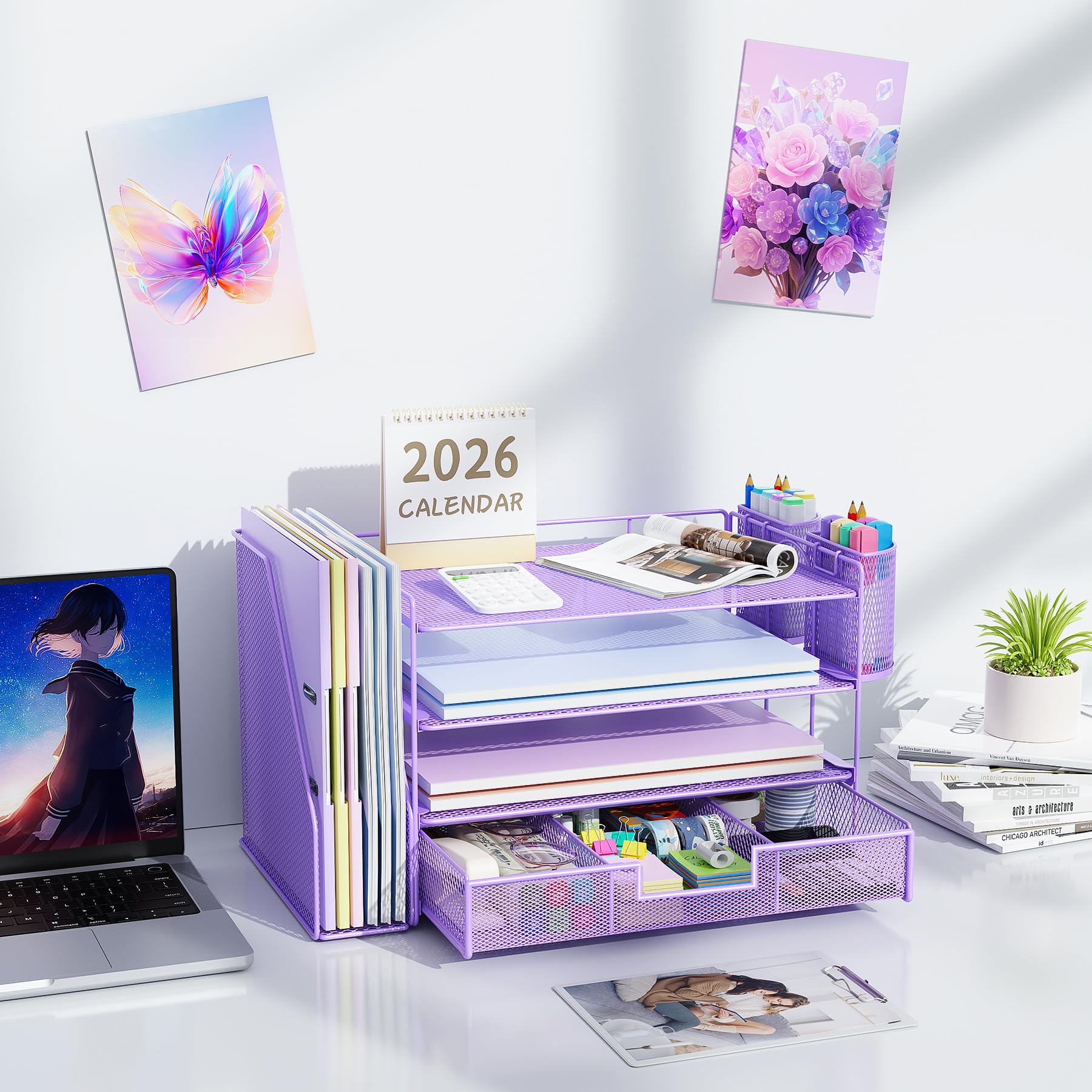 gianotter Desk Organizers and Accessories with File Holder, 4-Tier Desk Accessories & Workspace Organizers with Drawer and 2 Pen Holder, Paper Organizer for Office Supplies (Rose Gold)