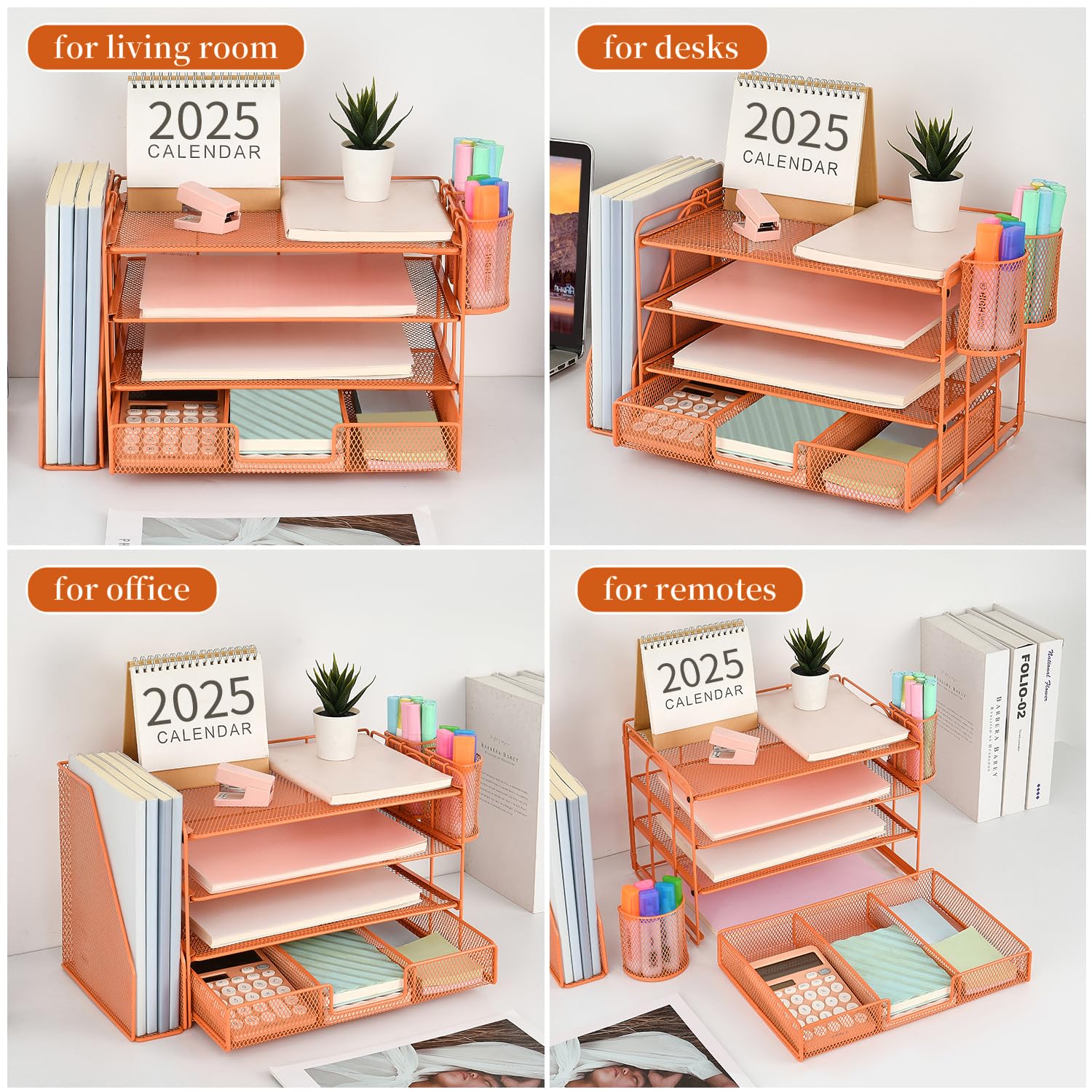 gianotter Desk Organizers and Accessories with File Holder, 4-Tier Desk Accessories & Workspace Organizers with Drawer and 2 Pen Holder, Paper Organizer for Office Supplies (Rose Gold)