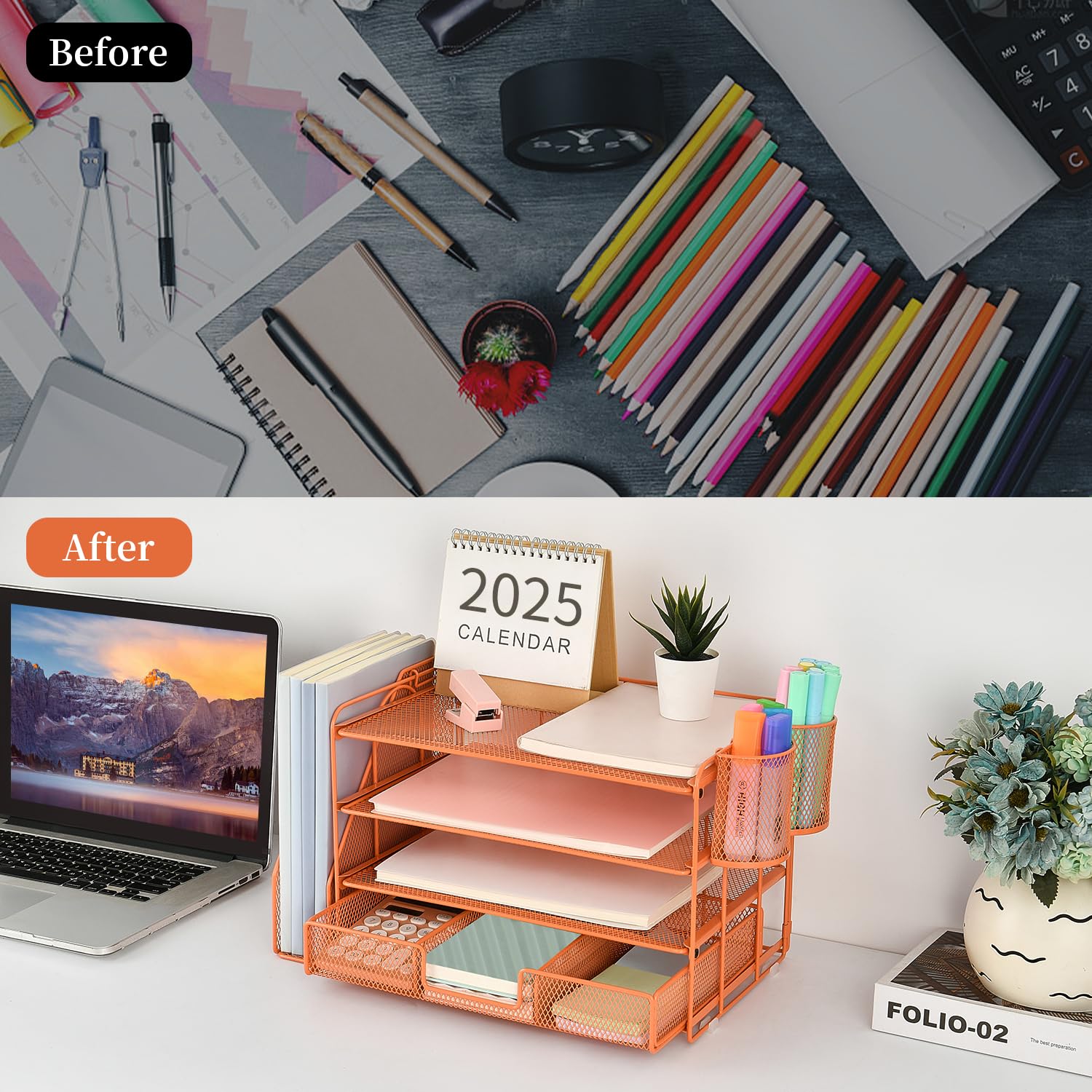 gianotter Desk Organizers and Accessories with File Holder, 4-Tier Desk Accessories & Workspace Organizers with Drawer and 2 Pen Holder, Paper Organizer for Office Supplies (Rose Gold)