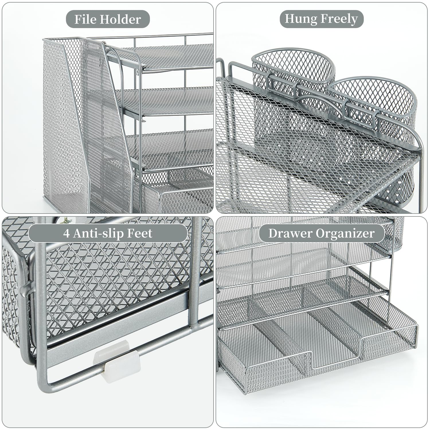 gianotter Desk Organizers and Accessories with File Holder, 4-Tier Desk Accessories & Workspace Organizers with Drawer and 2 Pen Holder, Paper Organizer for Office Supplies (Rose Gold)