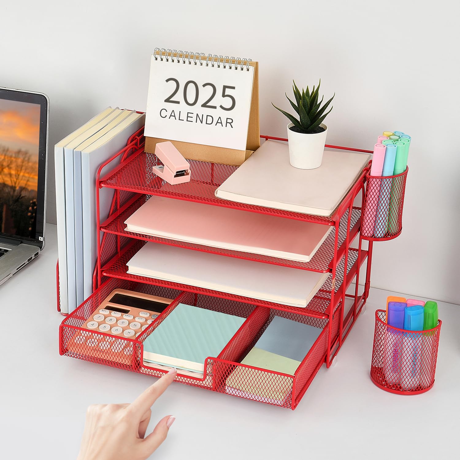 gianotter Desk Organizers and Accessories with File Holder, 4-Tier Desk Accessories & Workspace Organizers with Drawer and 2 Pen Holder, Paper Organizer for Office Supplies (Rose Gold)