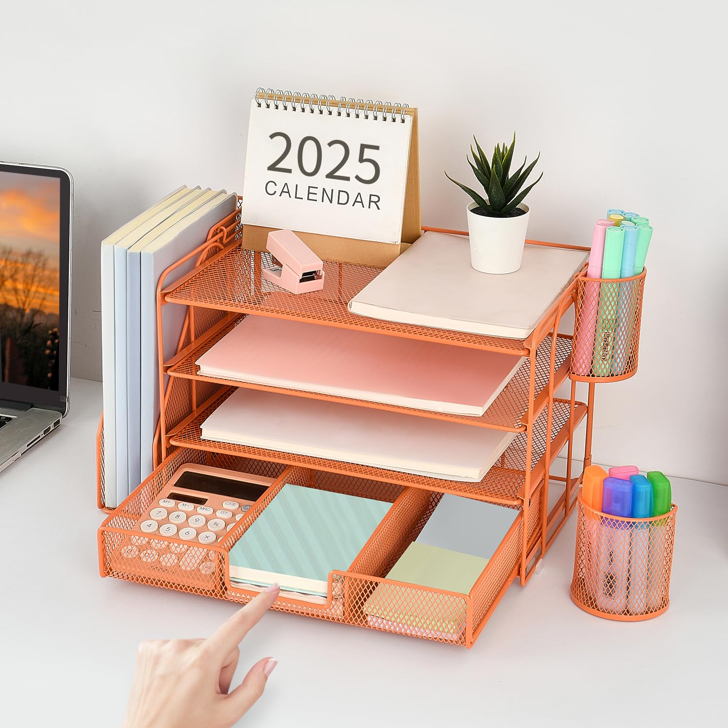 gianotter Desk Organizers and Accessories with File Holder, 4-Tier Desk Accessories & Workspace Organizers with Drawer and 2 Pen Holder, Paper Organizer for Office Supplies (Rose Gold)