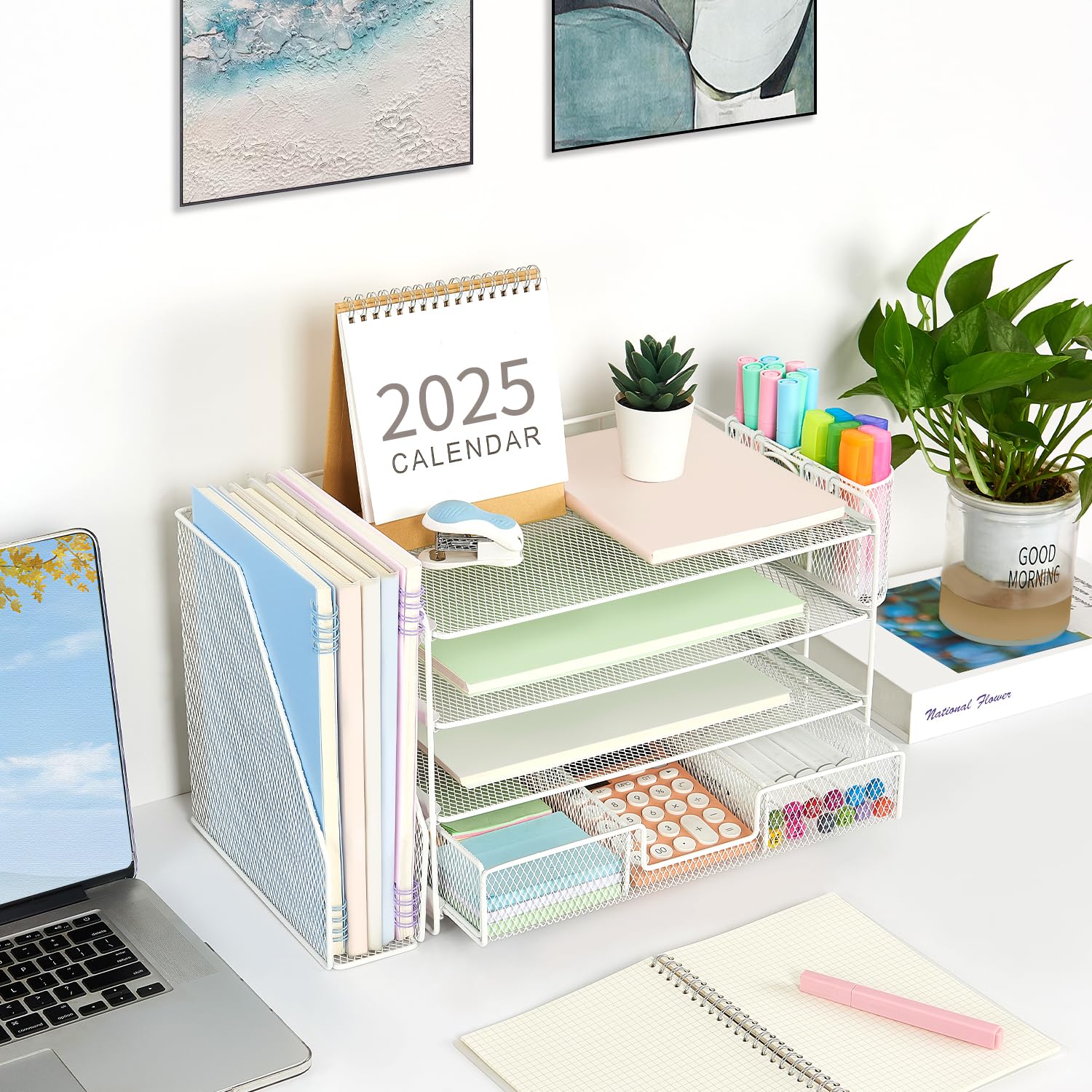 gianotter Desk Organizers and Accessories with File Holder, 4-Tier Desk Accessories & Workspace Organizers with Drawer and 2 Pen Holder, Paper Organizer for Office Supplies (Rose Gold)